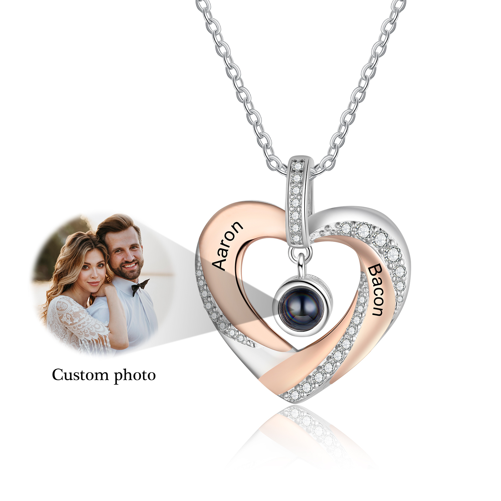 Collier Cœur Projection de Pierres 2 Prénoms et 1 Photo Personnalisés