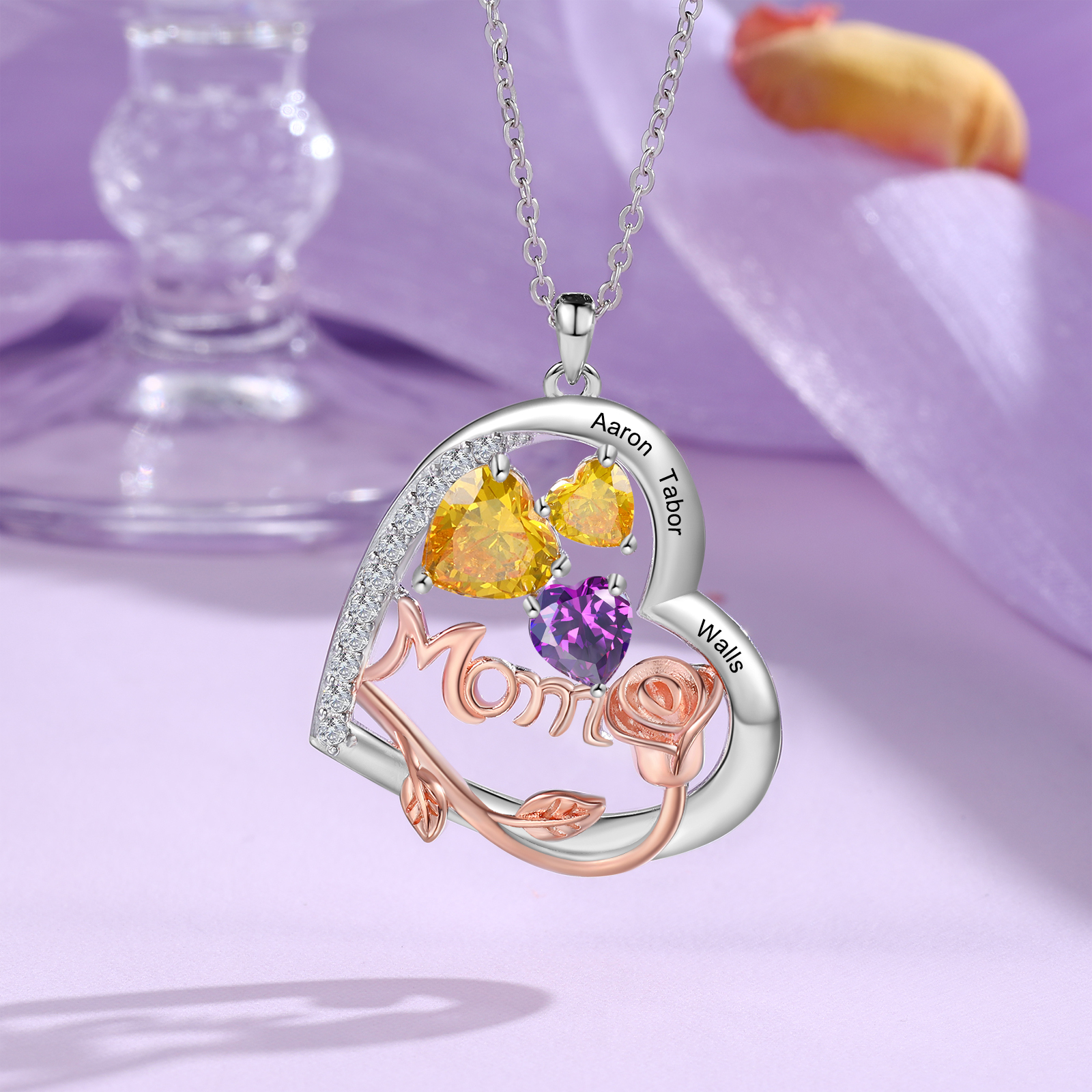 À Maman - Collier Pendentif Cœur et Roses 3 Prénoms Personnalisés avec Pierres de naissance