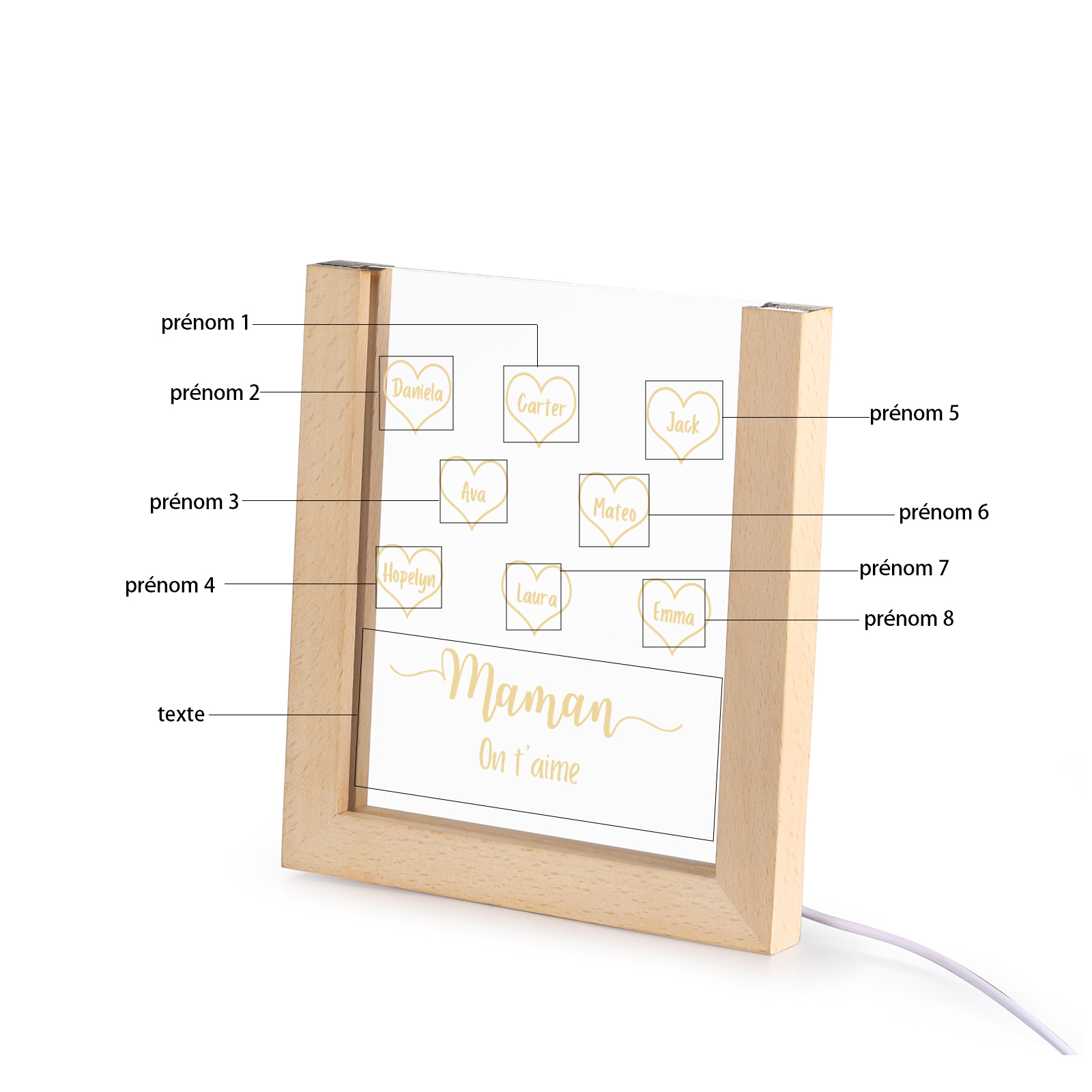 À Maman/Mamie - Lampe de chevet LED Cœurs 8 Prénoms Personnalisés avec 1 Texte