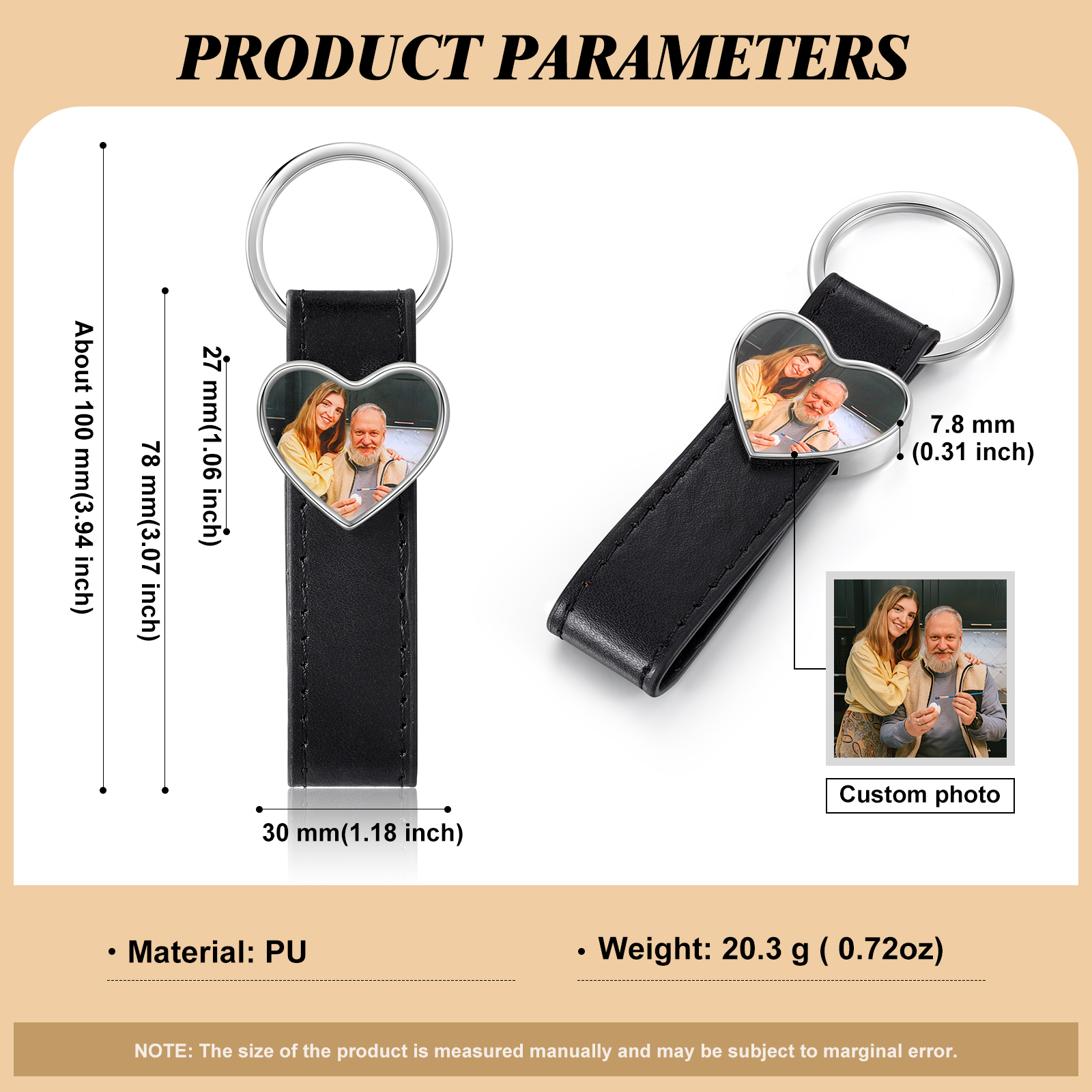 Porte-Clés Cuir PU Cœur Photo Personnalisée Porte-Clés Homme