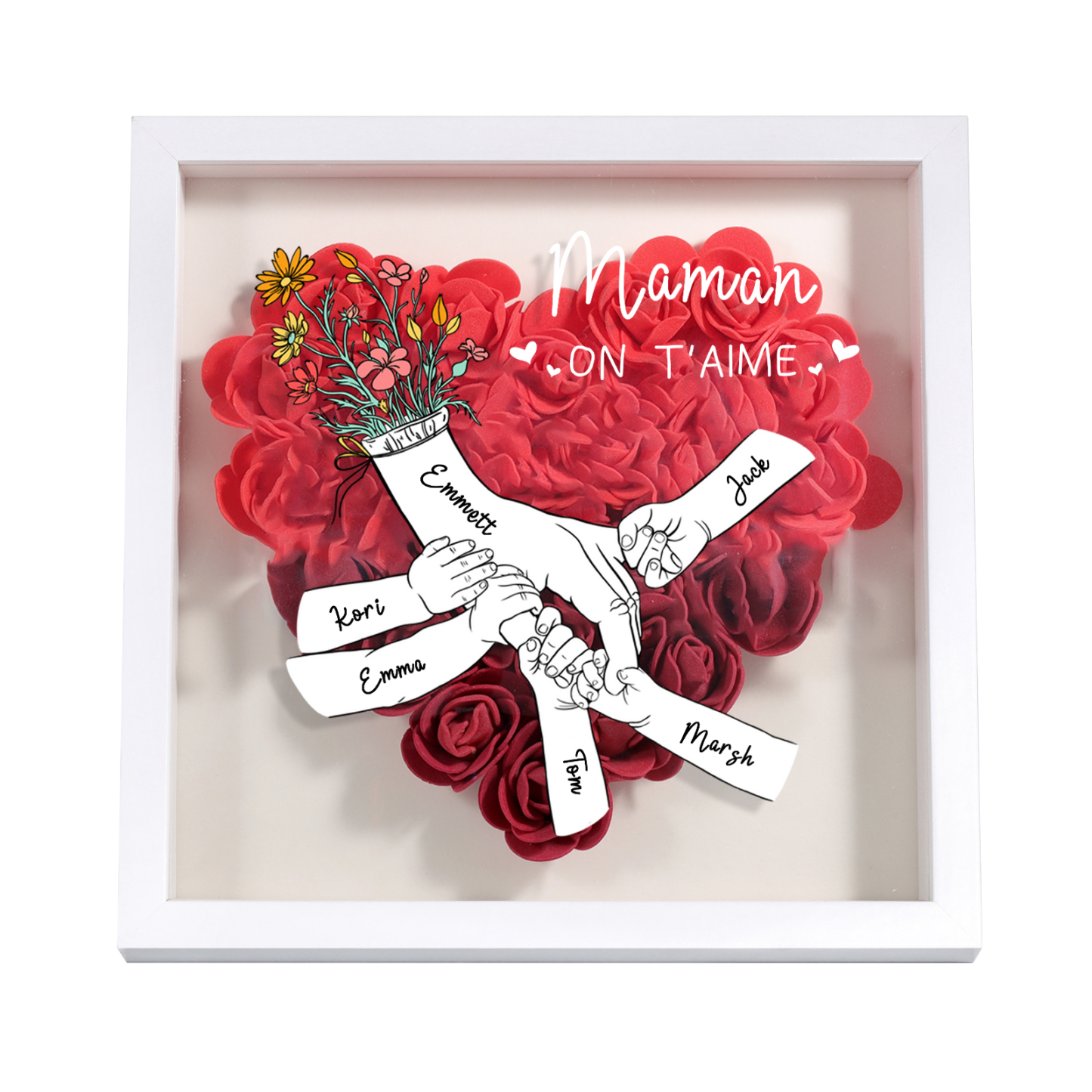 À ma Maman - Cadre Panneau de densité la main dans la main 6 Prénoms et 1 Texte Personnalisés Ornements Floral pour Famille