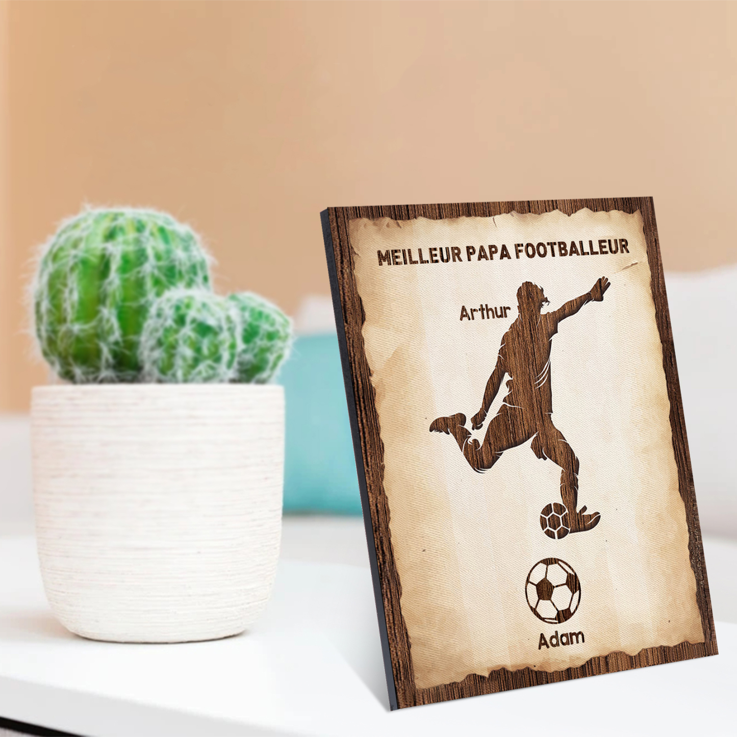 À Mon Papa-Cadre en Bois Football 2 Prénoms Personnalisés