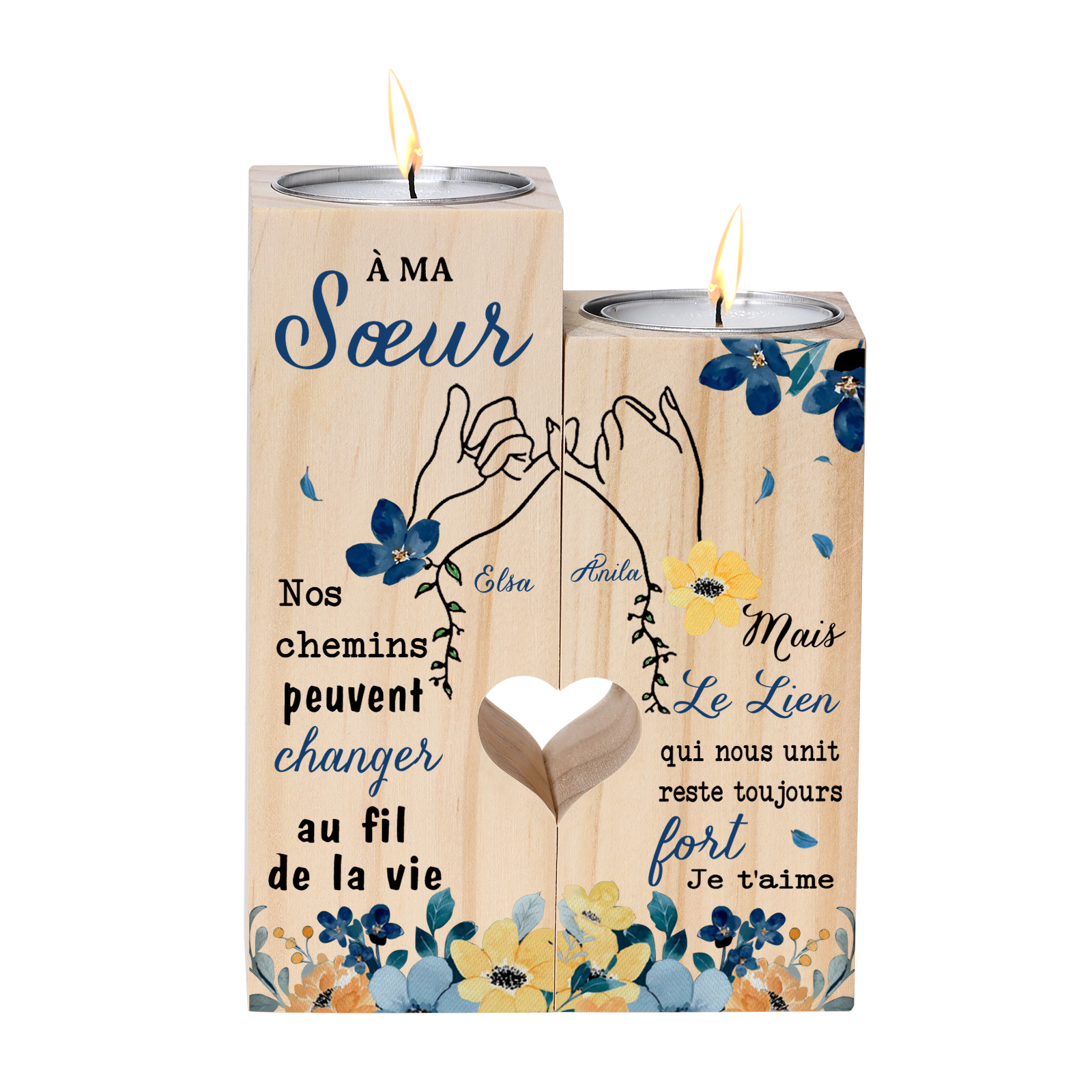 À Ma Sœur - Bougeoir en Bois 2 Prénoms Personnalisés sans bougie