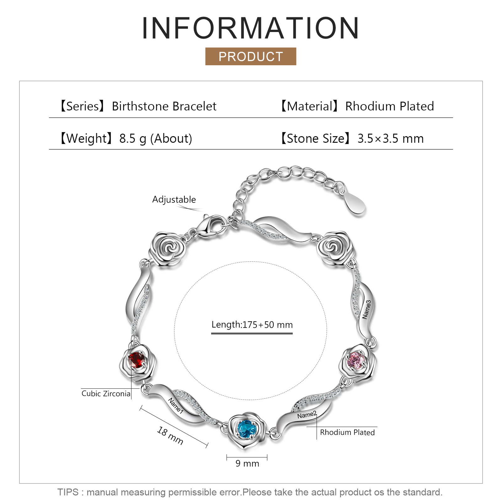 Bracelet Roses 3 Prénom Personnalisé avec 3 Pierre de Naissance