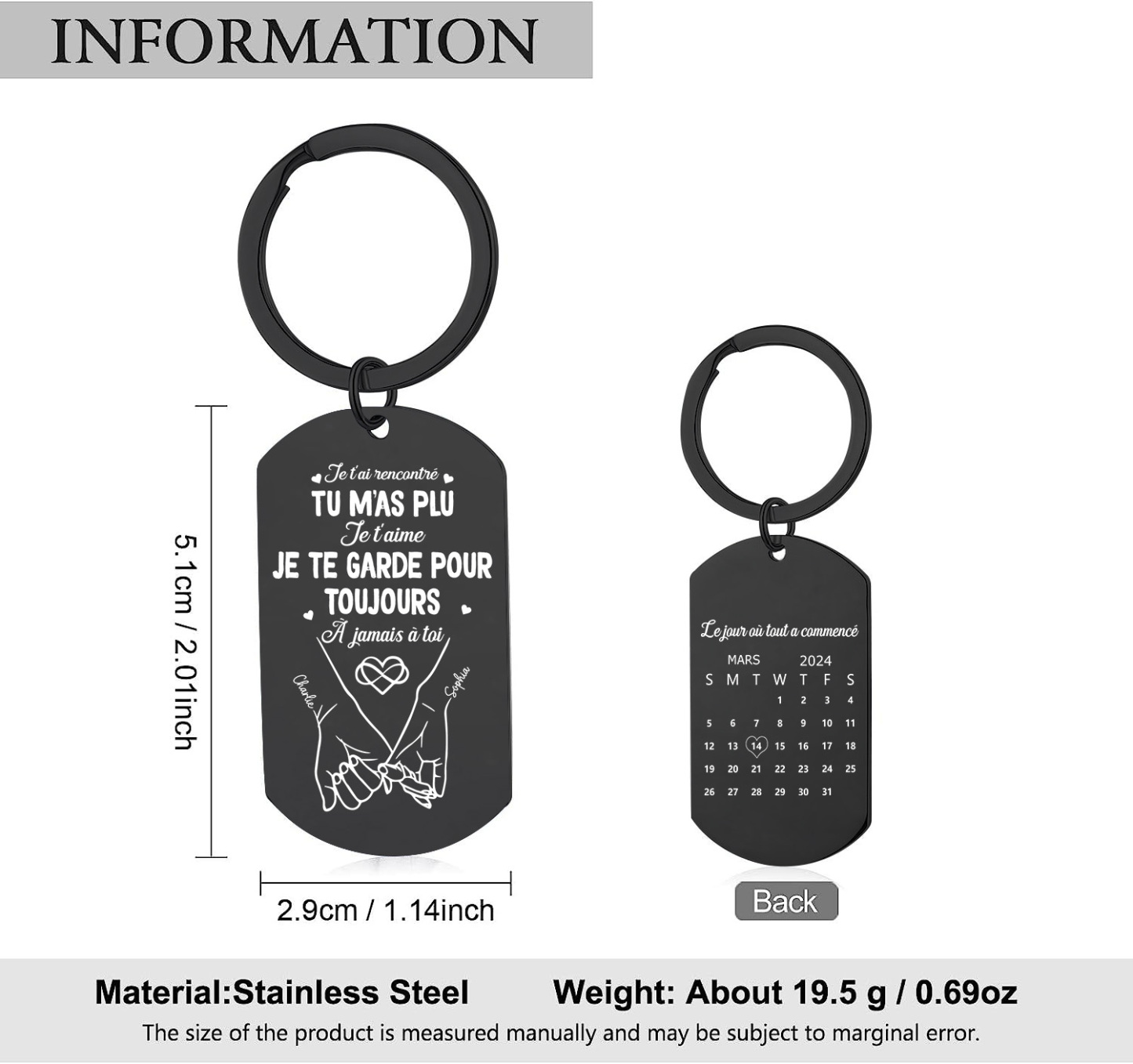 Porte-Clés Acier Inox Noir Gravé Calendrier Couple