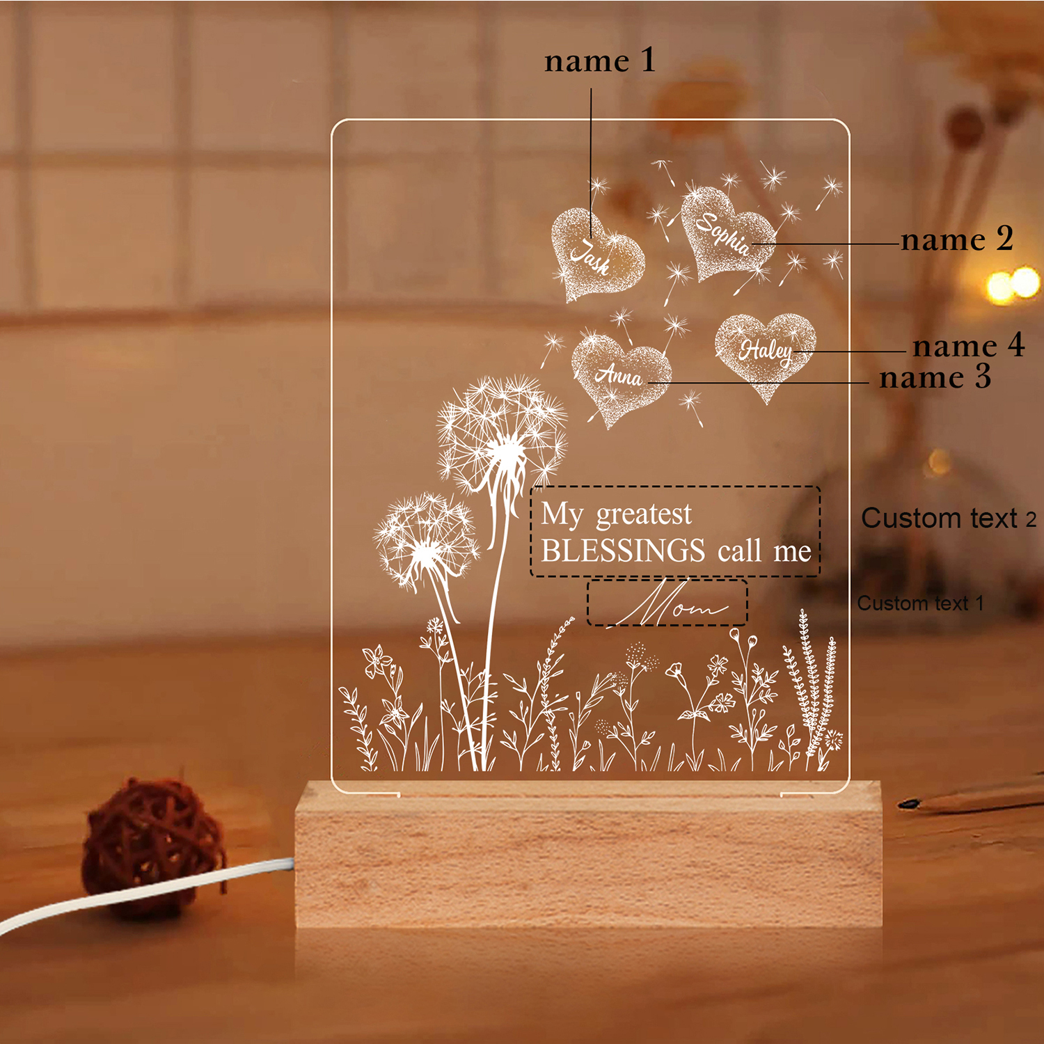 À Maman/Mamie - Lampe de chevet LED Pissenlit 4 Prénoms Personnalisés avec 2 Textes pour Famille