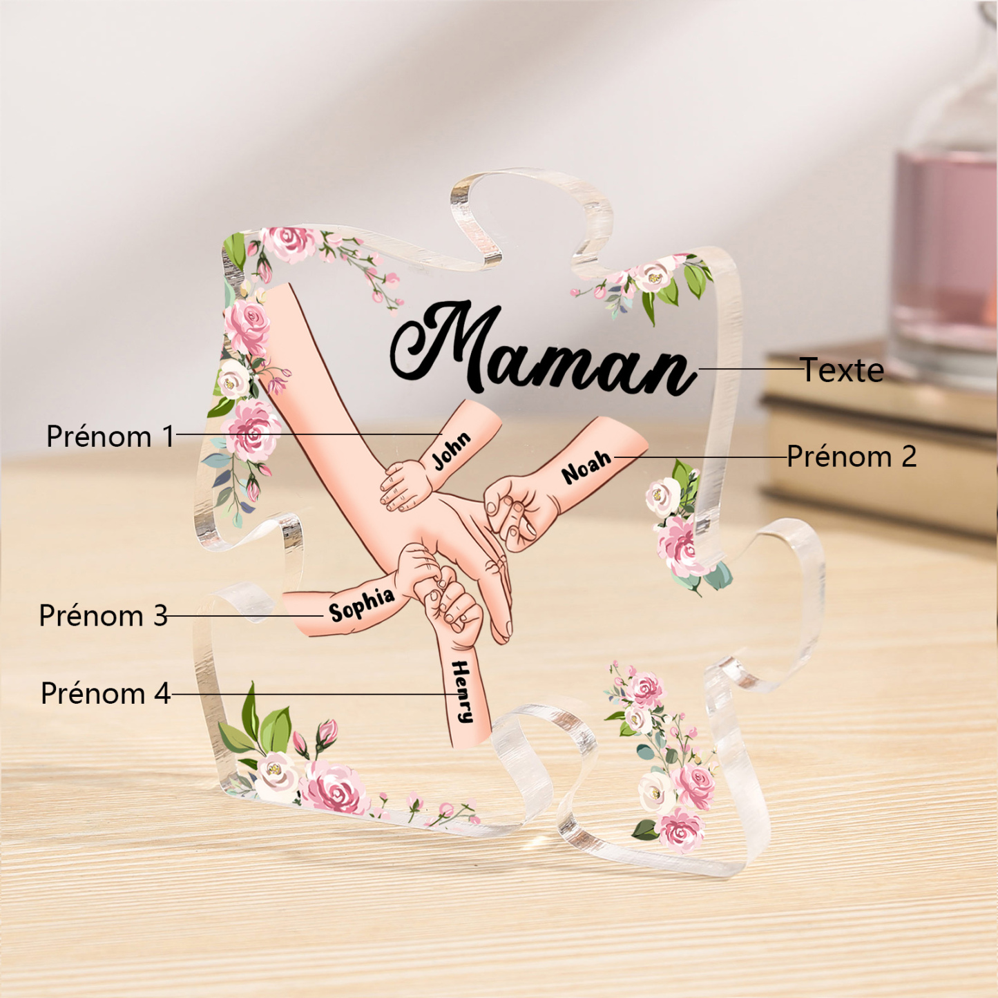Plaque Acrylique en forme de Puzzle la main dans la main 4 Prénoms et 1 Texte Personnalisés