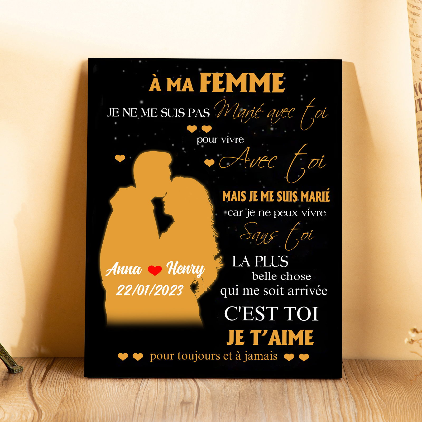 Cadre en Bois 2 Prénoms Personnalisés avec Date pour Couple Cadeau Saint Valentin