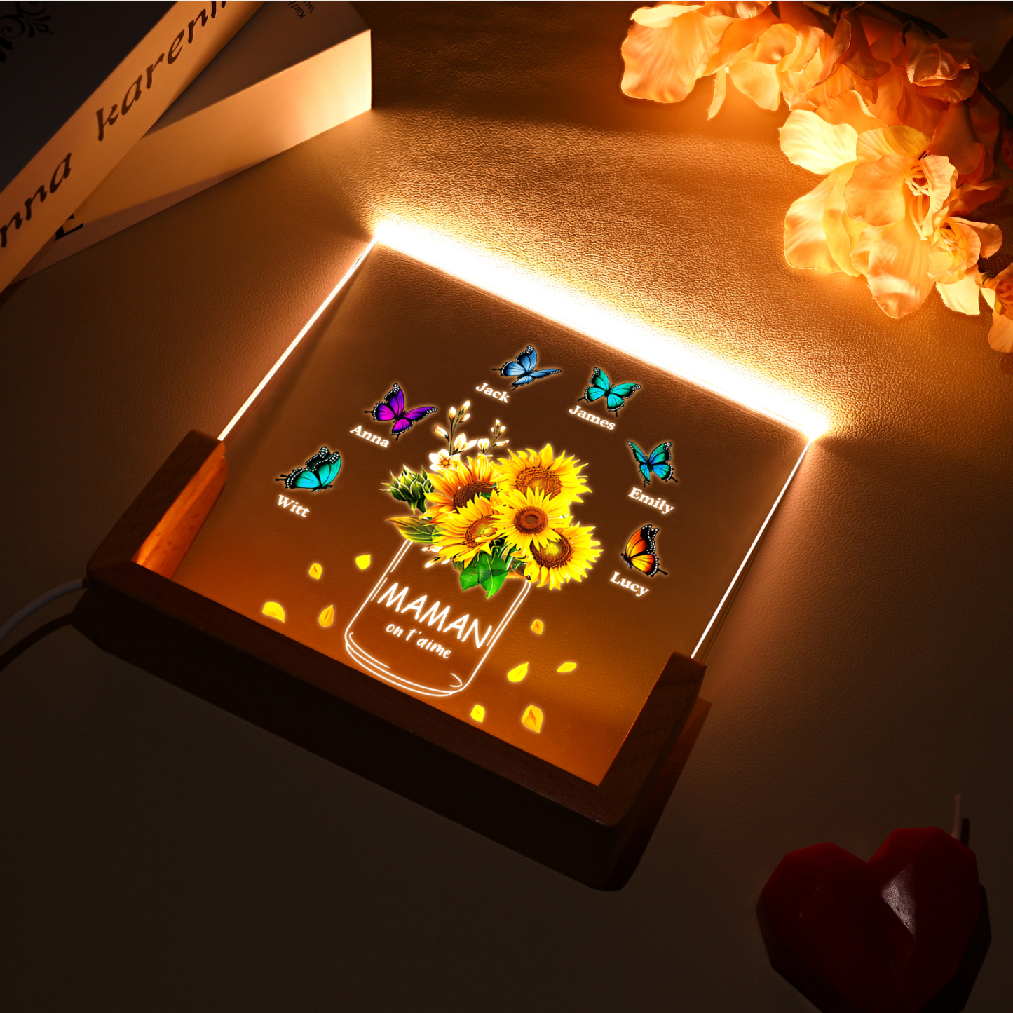 À Maman/Mamie - Lampe de chevet LED Tournesol 6 Prénoms Personnalisés avec 2 Textes pour Famille