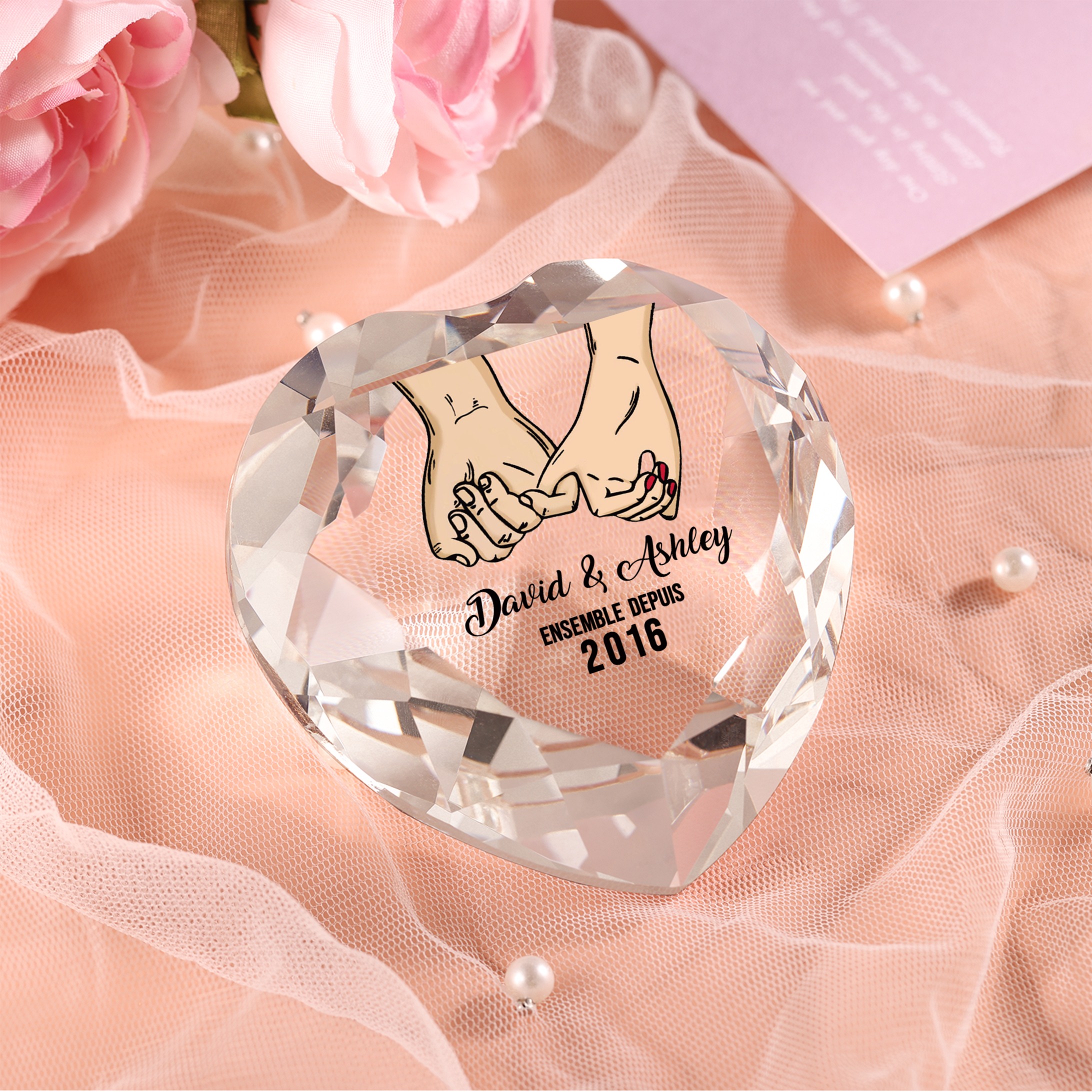Décoration Cristal Cœur 2 Prénoms Personnalisés avec Année pour Couple