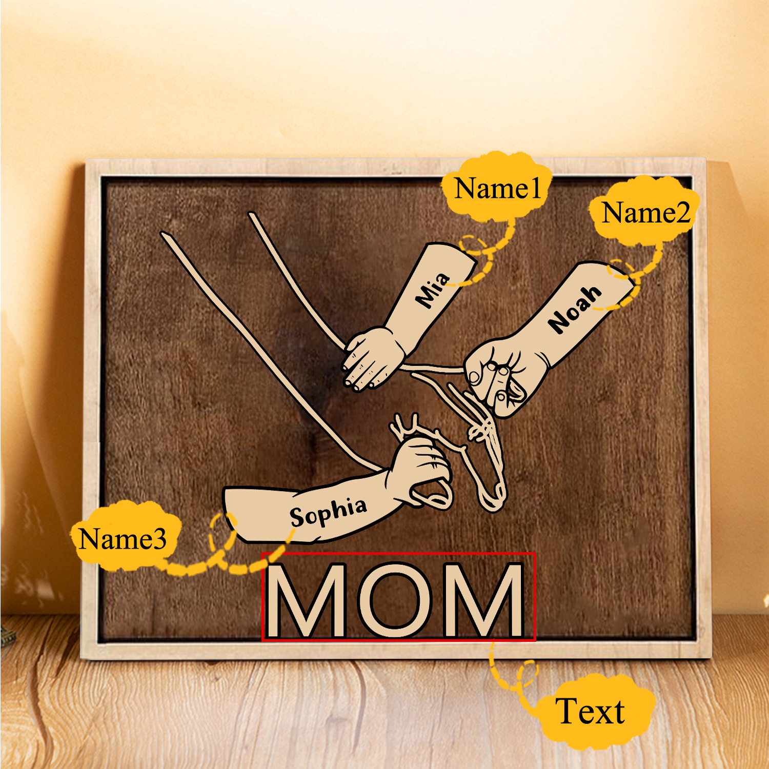 À Papi/Mamie- Cadre en Bois la Main dans la Main 3 Prénoms Personnalisés avec Texte Cadeau pour Famille