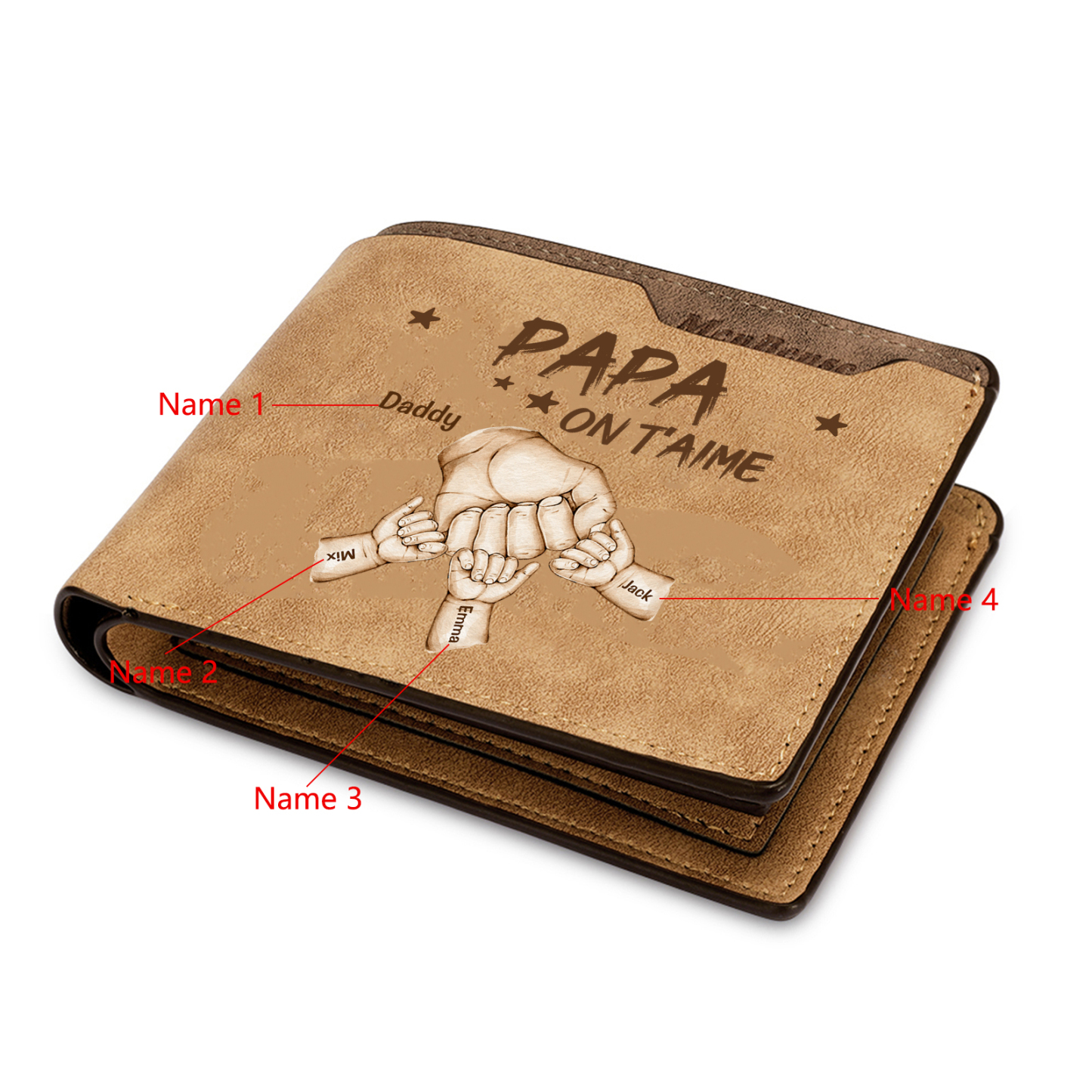 À mon Papa-Portefeuille Poings 4 Prénoms Personnalisés Classique Homme