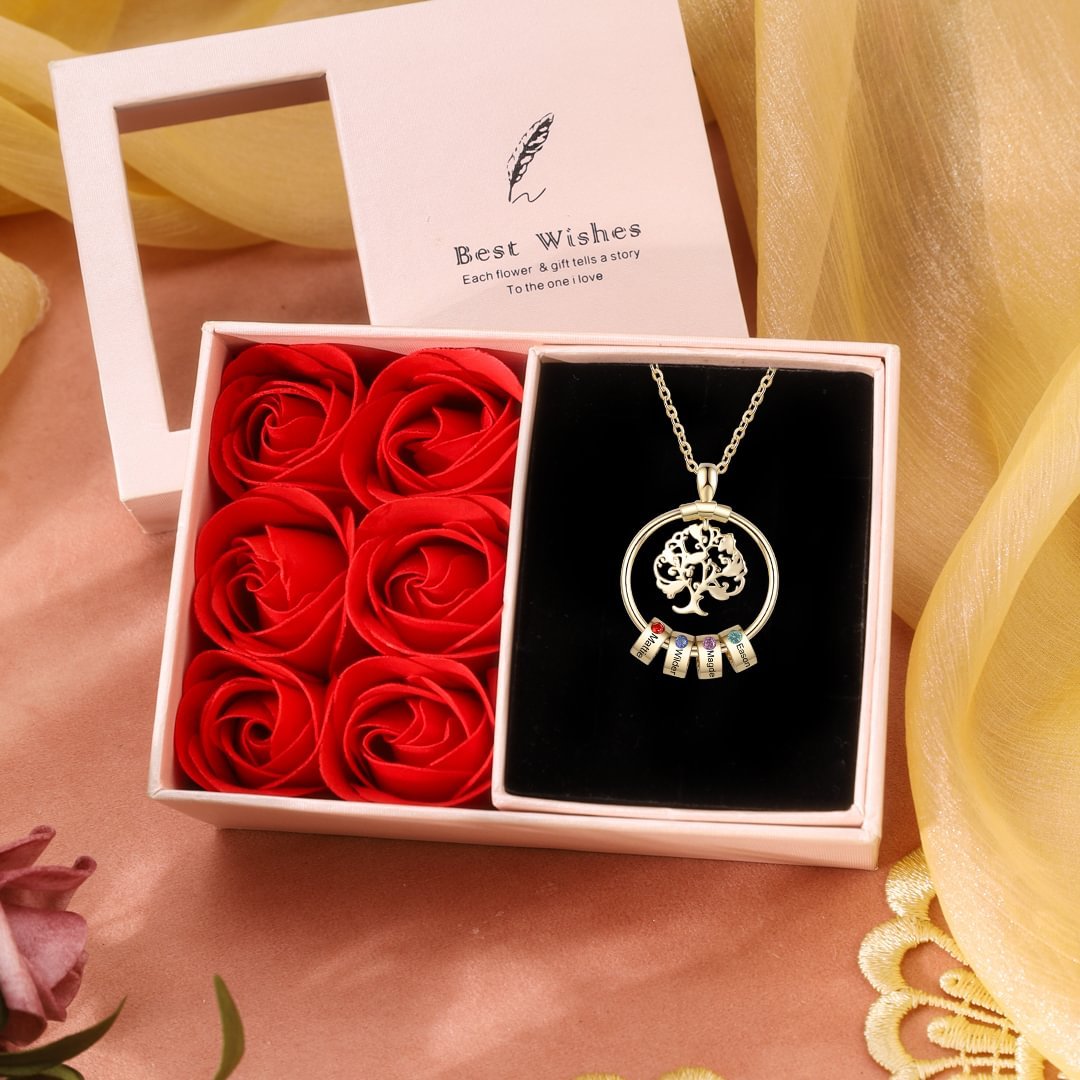 Collier Pendentif Arbre de vie Arbre généalogique 4 Prénoms Personnalisés avec Pierre de Naissance
