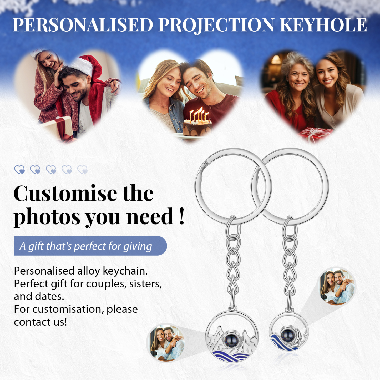 Porte-Clés Projection de Pierres 1 Photo Personnalisée pour Couple
