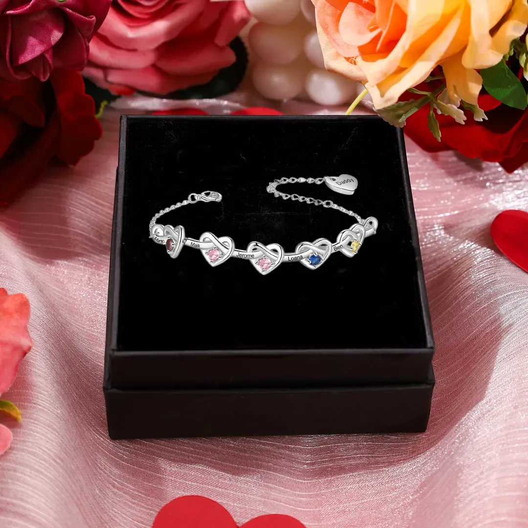 Bracelet Coeur 5 Prénoms et 1 Texte Personnalisés avec 5 Pierres de Naissance pour Femme|Jessemade