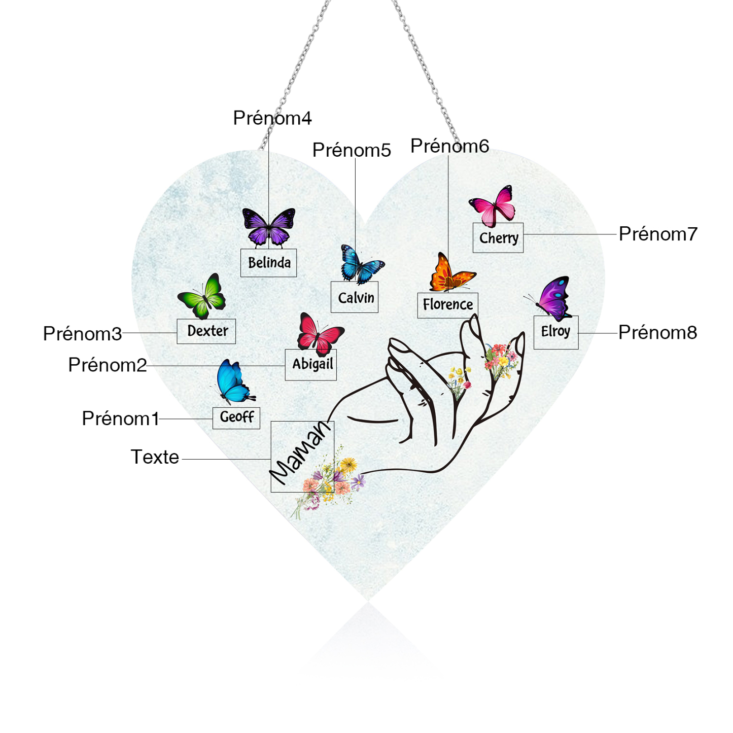 À Maman/Mamie - Veilleuse Cœur Décoration Main et Papillon 8 Prénoms Personnalisés avec 1 Texte