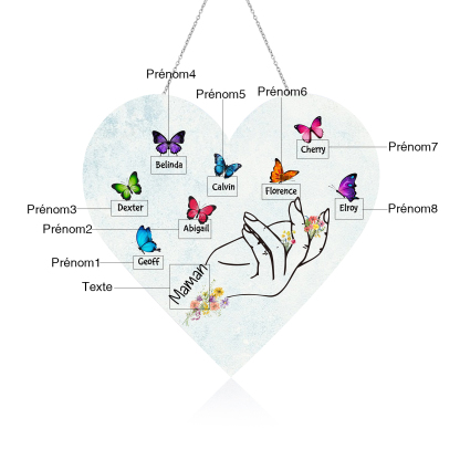 À Maman/Mamie - Veilleuse Cœur Décoration Main et Papillon 8 Prénoms Personnalisés avec 1 Texte