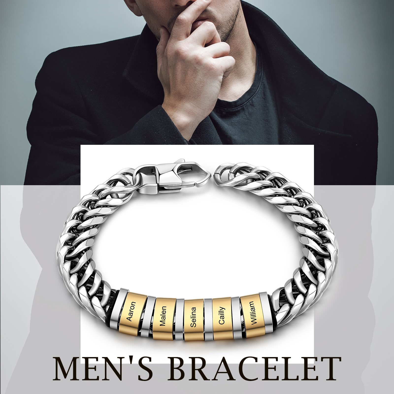 À mon Papa - Bracelet personnalisé en Acier inoxydable avec 5 Prénoms gravés | Jessemade