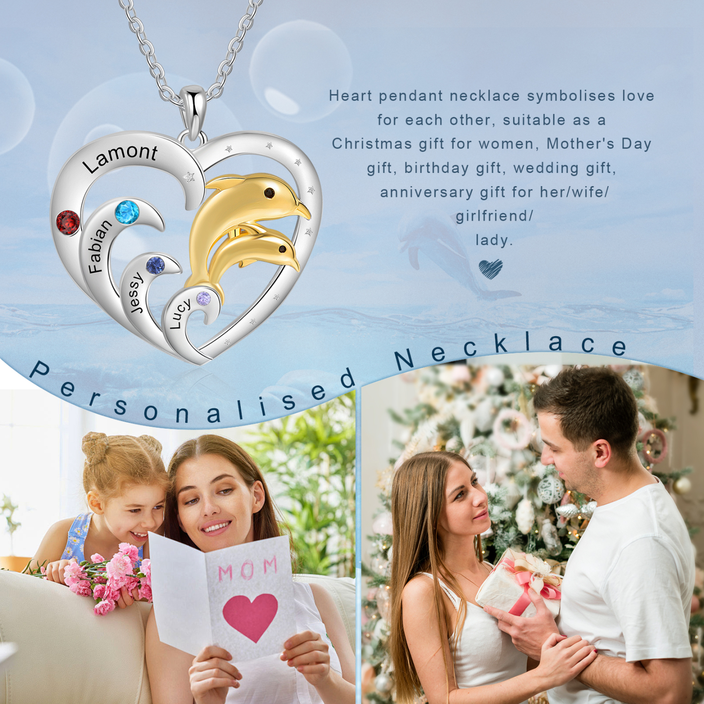Collier Pendentif Cœur et Dauphin 4 Prénoms Personnalisés avec 4 Pierres de Naissance
