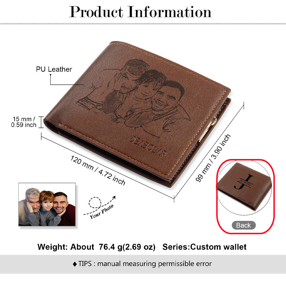 Portefeuille Photo Personnalisé avec Prénom et Lettre Classique Homme Porte-Monnaie Carte Cadeau pour Père | Jessemade