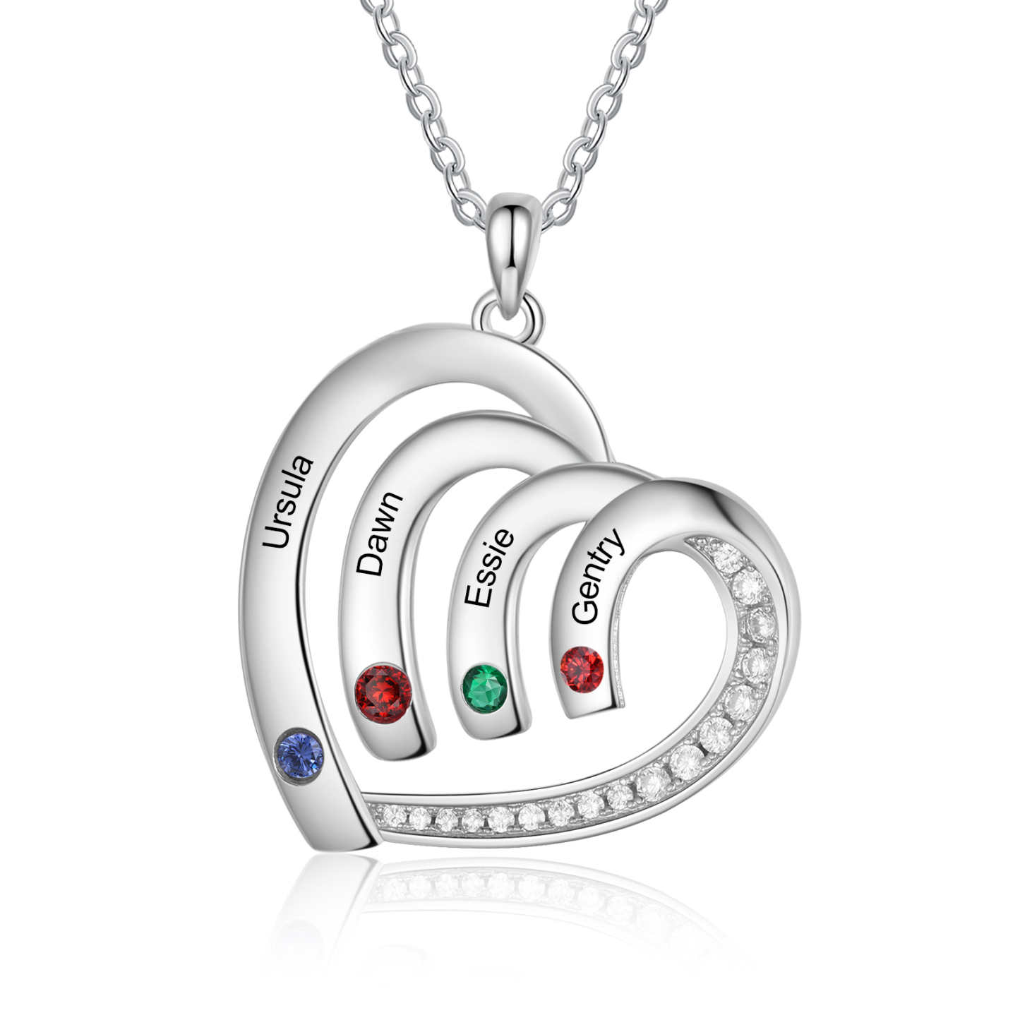 Collier Pendentif Cœur 4 Prénoms Personnalisés avec Pierre de naissance pour Femmes
