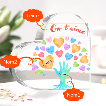 Plaque Acrylique en Forme de Cœur 2 Prénoms Personnalisés avec Texte pour Famille