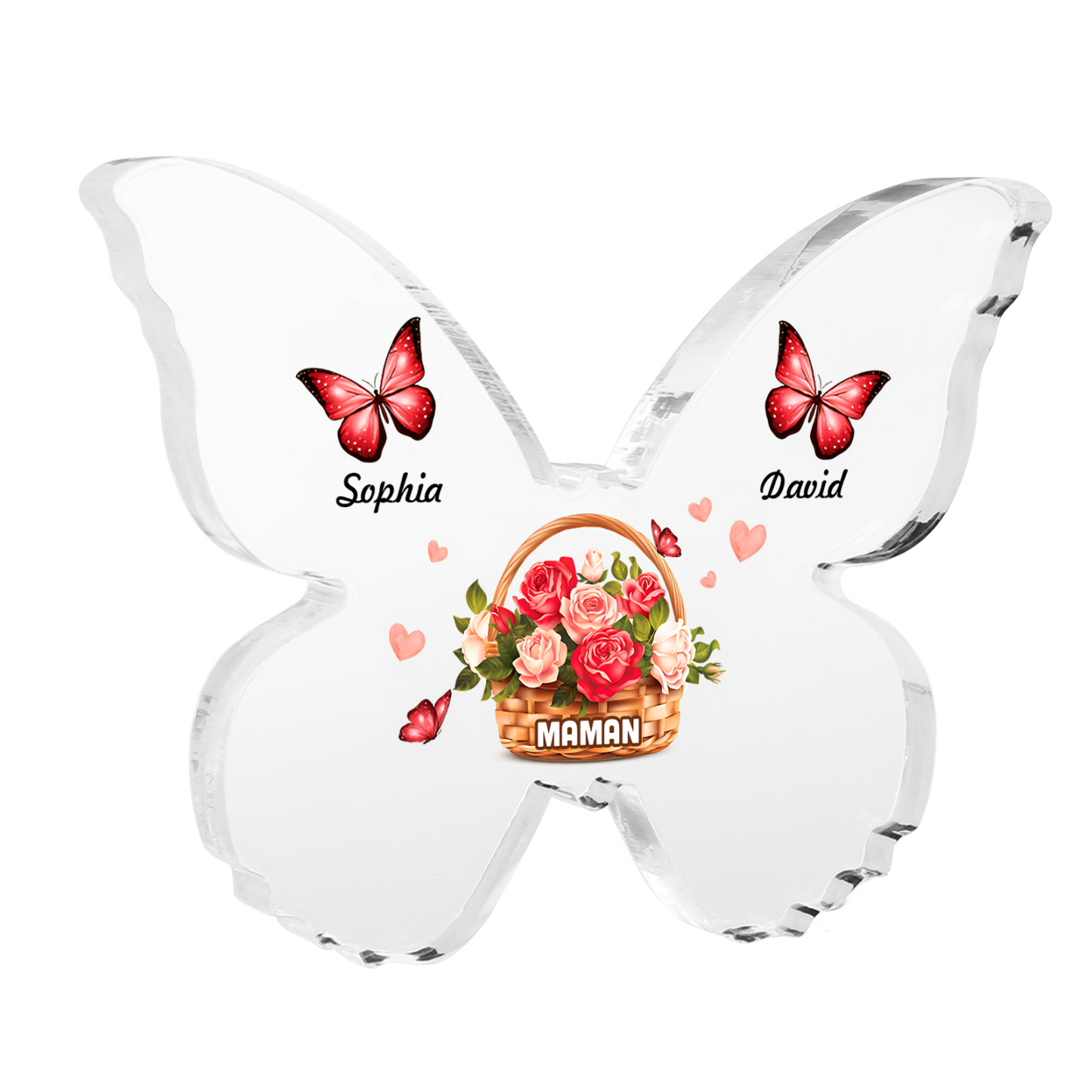 À Maman/Mamie - Plaque Acrylique en forme de Papillon 2 Prénoms et 1 Texte Personnalisés Decoration Fleurs et Papillons