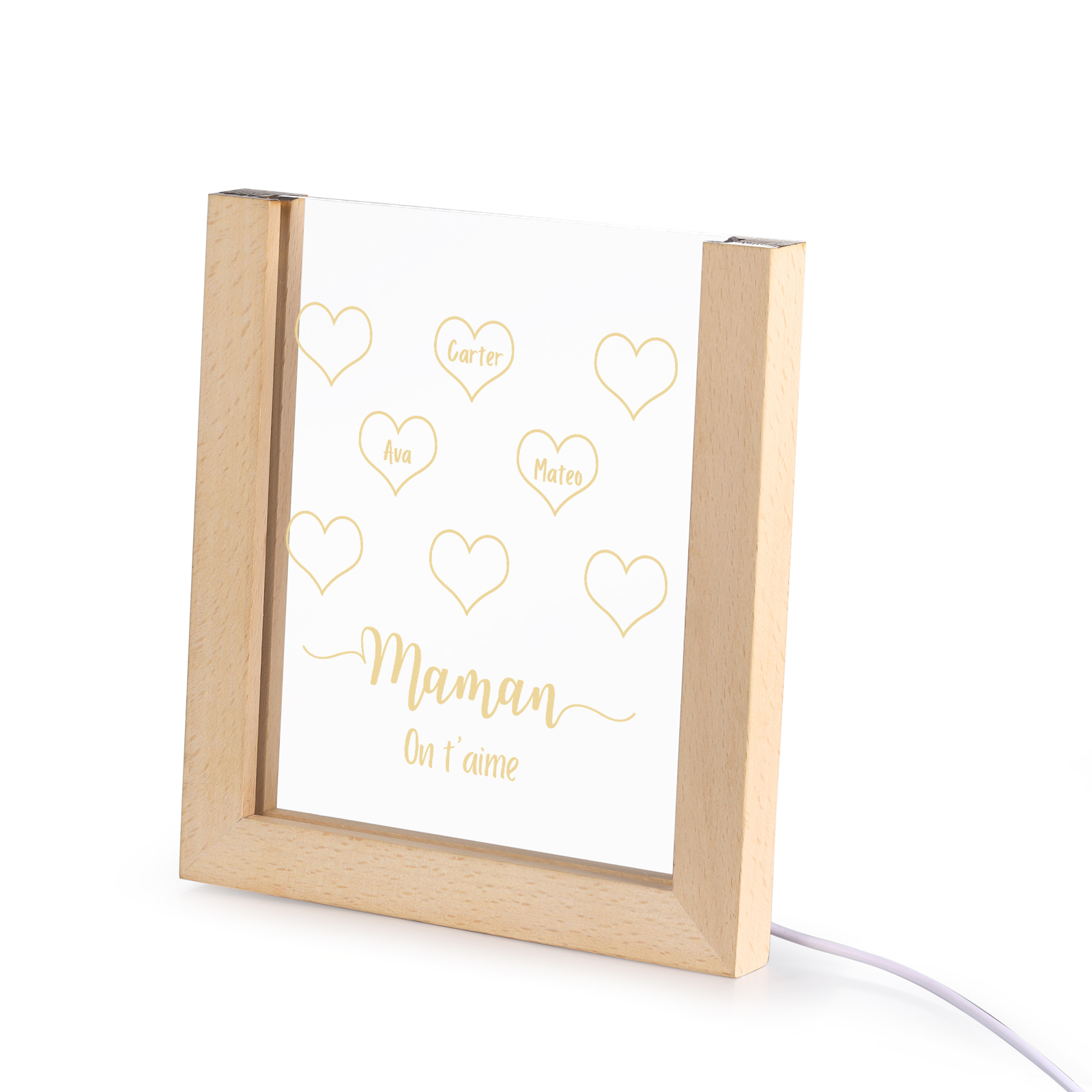 À Maman/Mamie - Lampe de chevet LED Cœurs 3 Prénoms Personnalisés avec 1 Texte