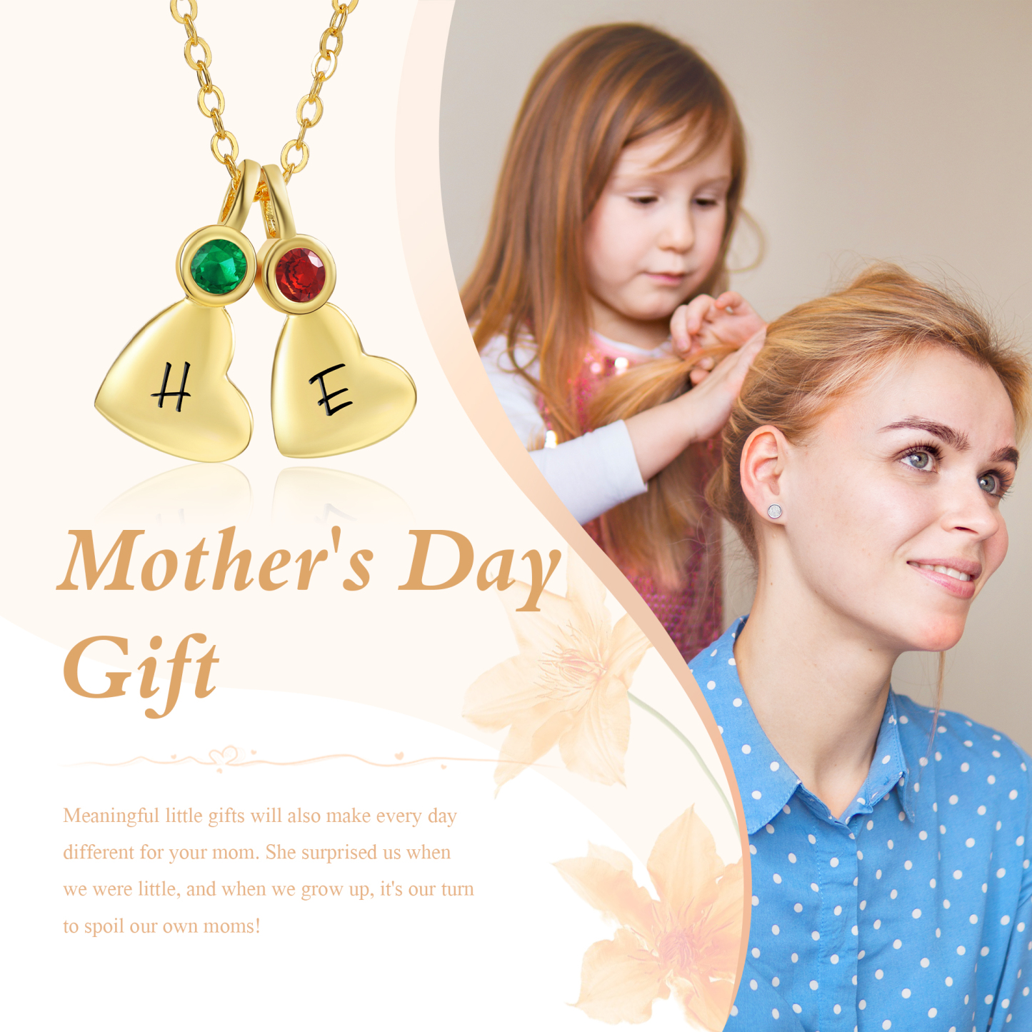 Collier Pendentif Cœur 2 Lettres Personnalisées avec Pierre de naissance pour Femmes
