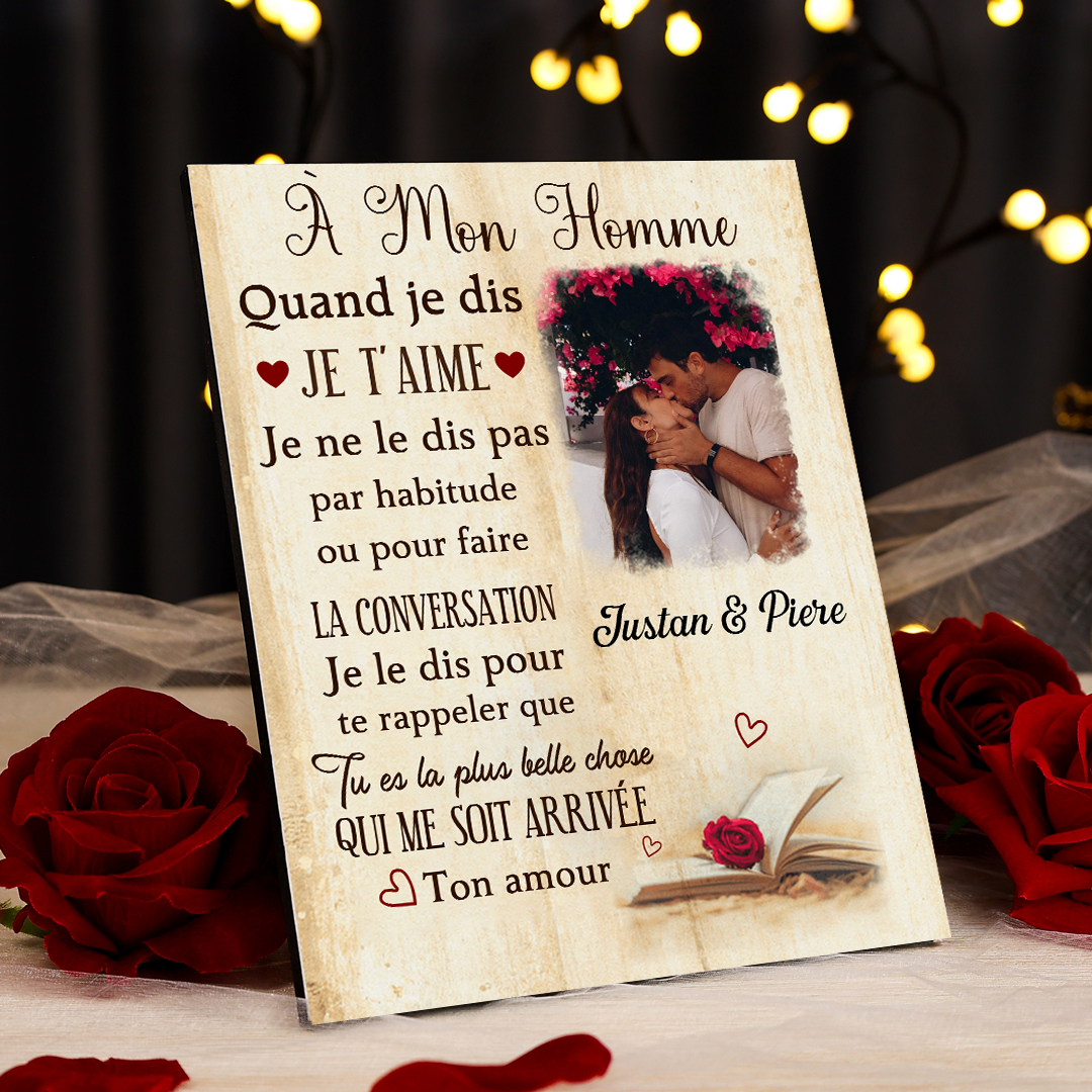 Cadre en Bois 2 Prénoms Personnalisés avec Photo pour Couple Cadeau Saint Valentin