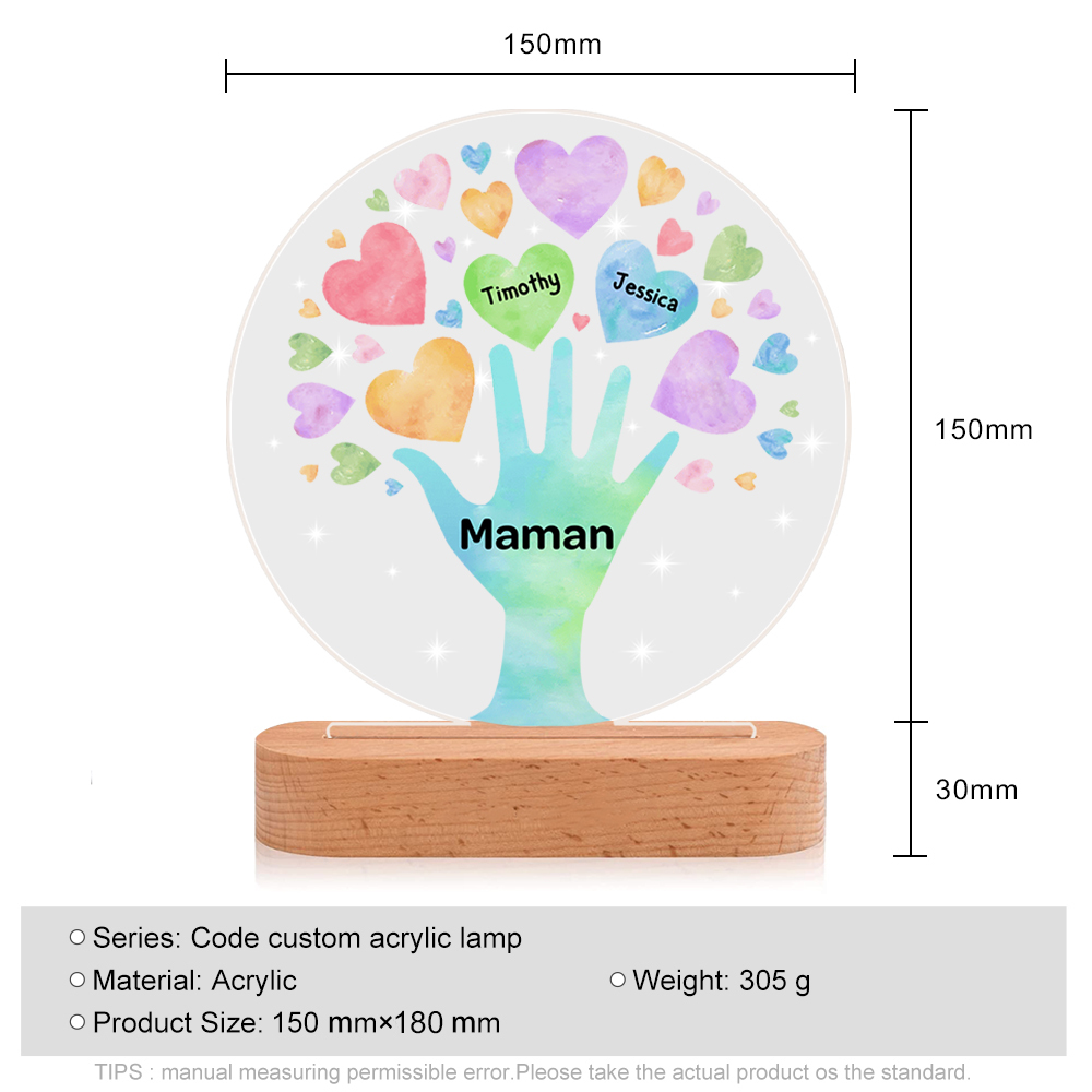 À Maman/Mamie - Lampe de chevet LED Lumières Cœur 2 Prénoms Personnalisés avec 1 Texte pour Famille