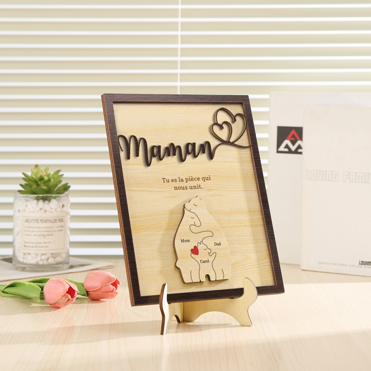 À ma Maman - Décoration en bois Ours 3 Prénoms Personnalisés Ornement pour Famille