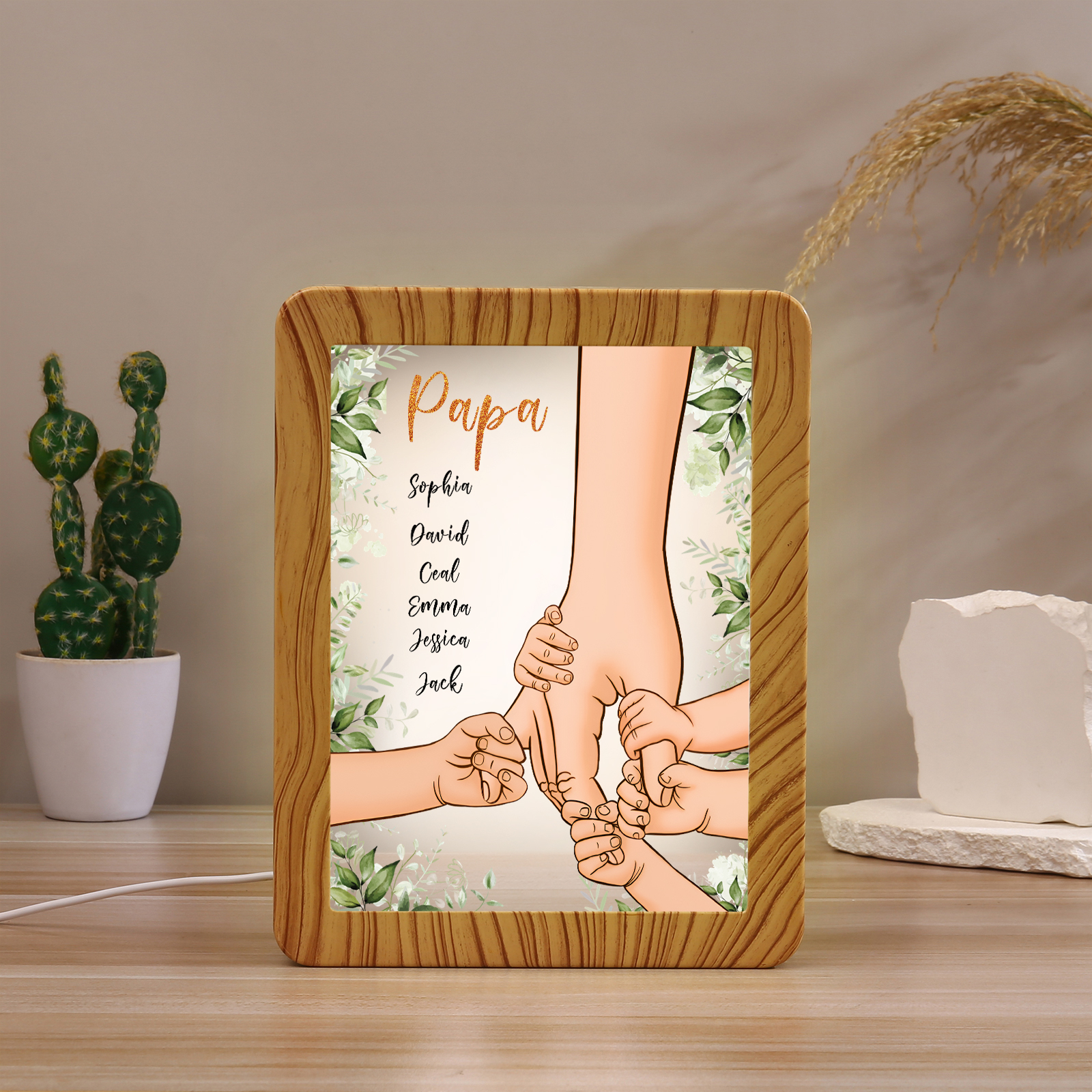 Lampe LED/Cadre Photo/Miroir multifonctionnel la main dans la main 6 Prénoms et 1 Tetxe Personnalisés Cadeau Créatif pour Famille