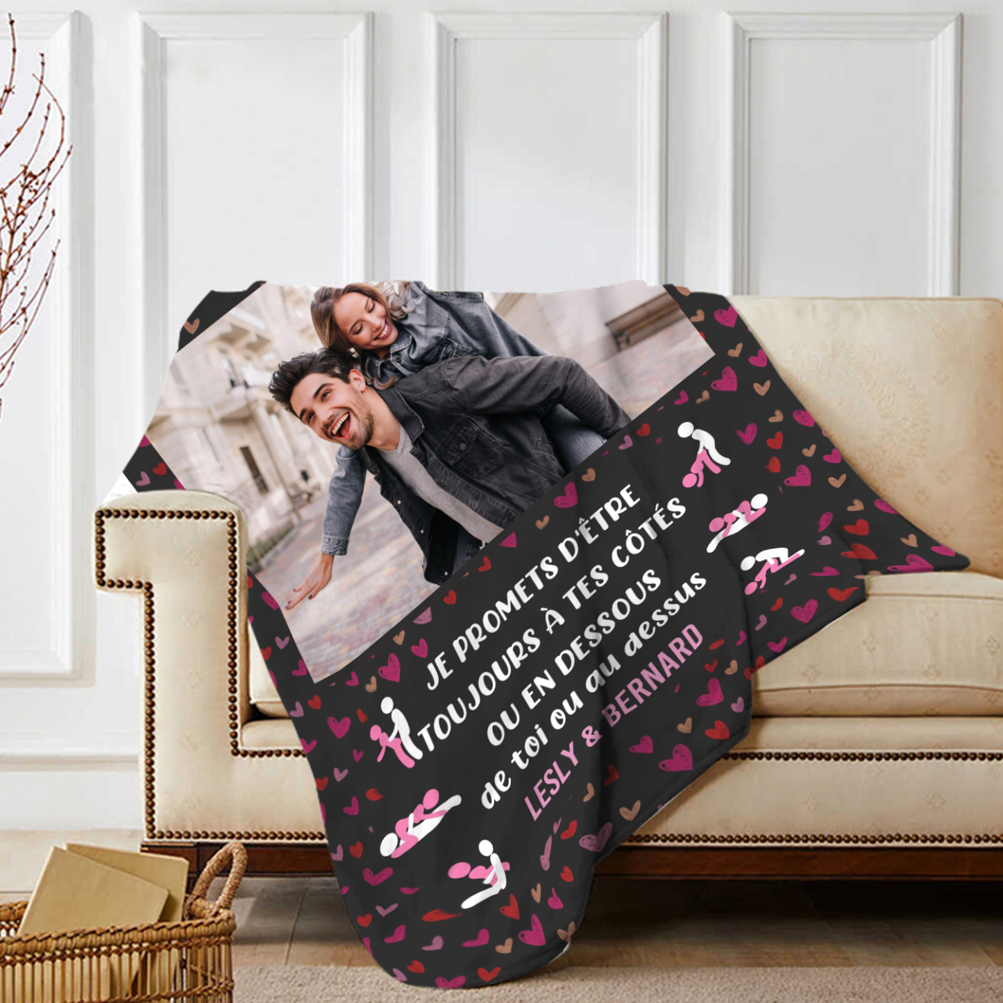 Couverture Plaids Polaire 2 Prénoms Personnalisés avec Photo pour Couple