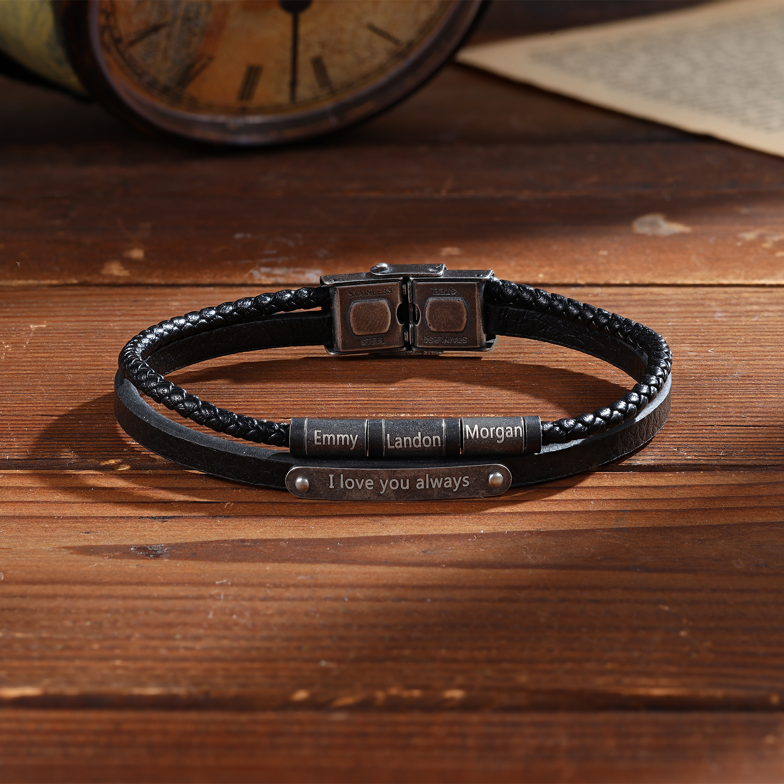 Bracelet Cuir 2-5 Préoms Personnalisés avec Texte pour Homme