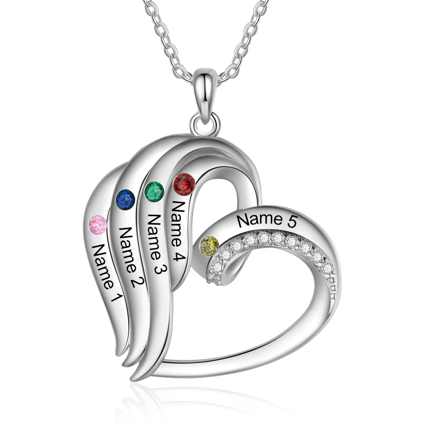 Collier Coeur 5 Prénoms Personnalisés avec Pierre de naissance pour Femmes|Jessemade