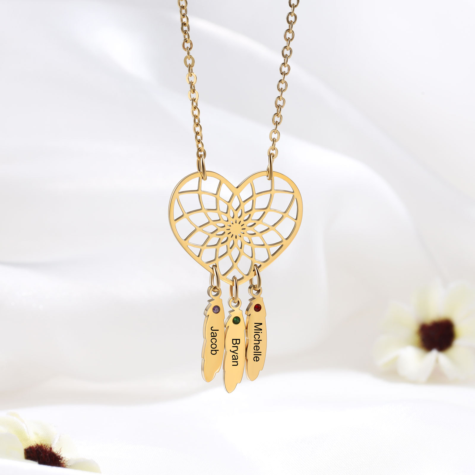 Collier Attrape-rêves 3 Prénom Personnalisé avec 3 Pierre De Naissance