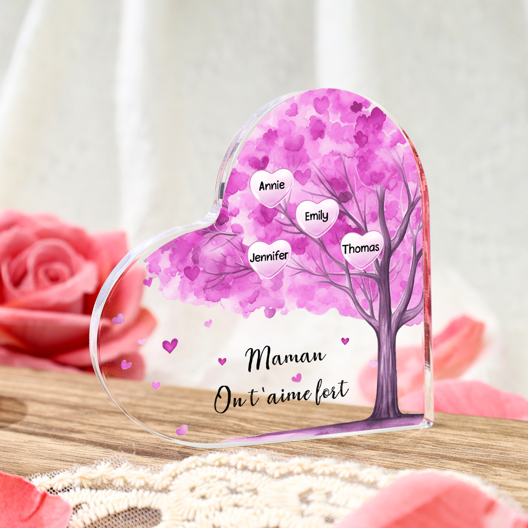 À ma Maman/Mamie - Plaque Acrylique Arbre en Forme de Cœur 4 Prénoms Personnalisés avec 1 Texte