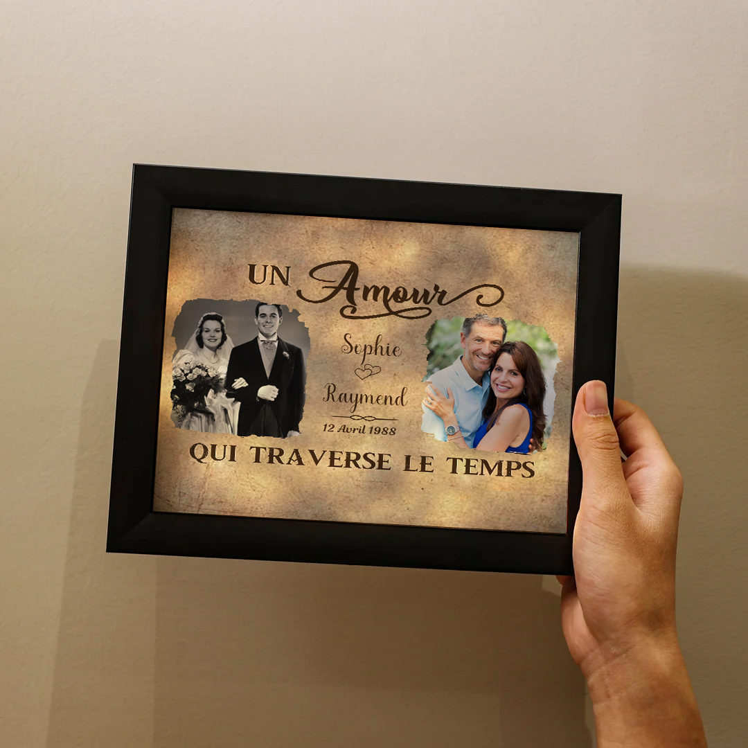 Cadre Photo LED Couple 2 Prénoms et 2 Photos Personnalisés avec Date Cadeau Saint-Valentin | Jessemade