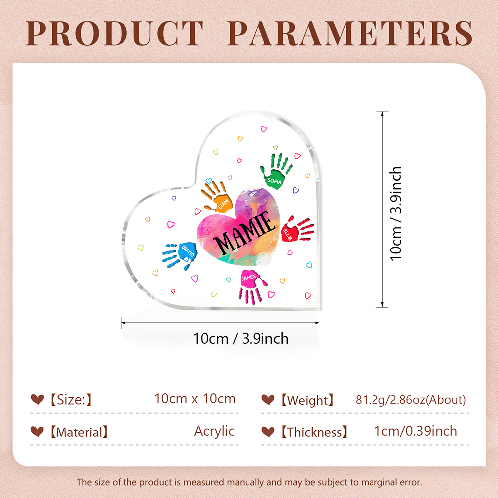 À ma Maman/Mamie - Plaque Acrylique Mains et Enfants en Forme de Cœur 6 Prénoms Personnalisés