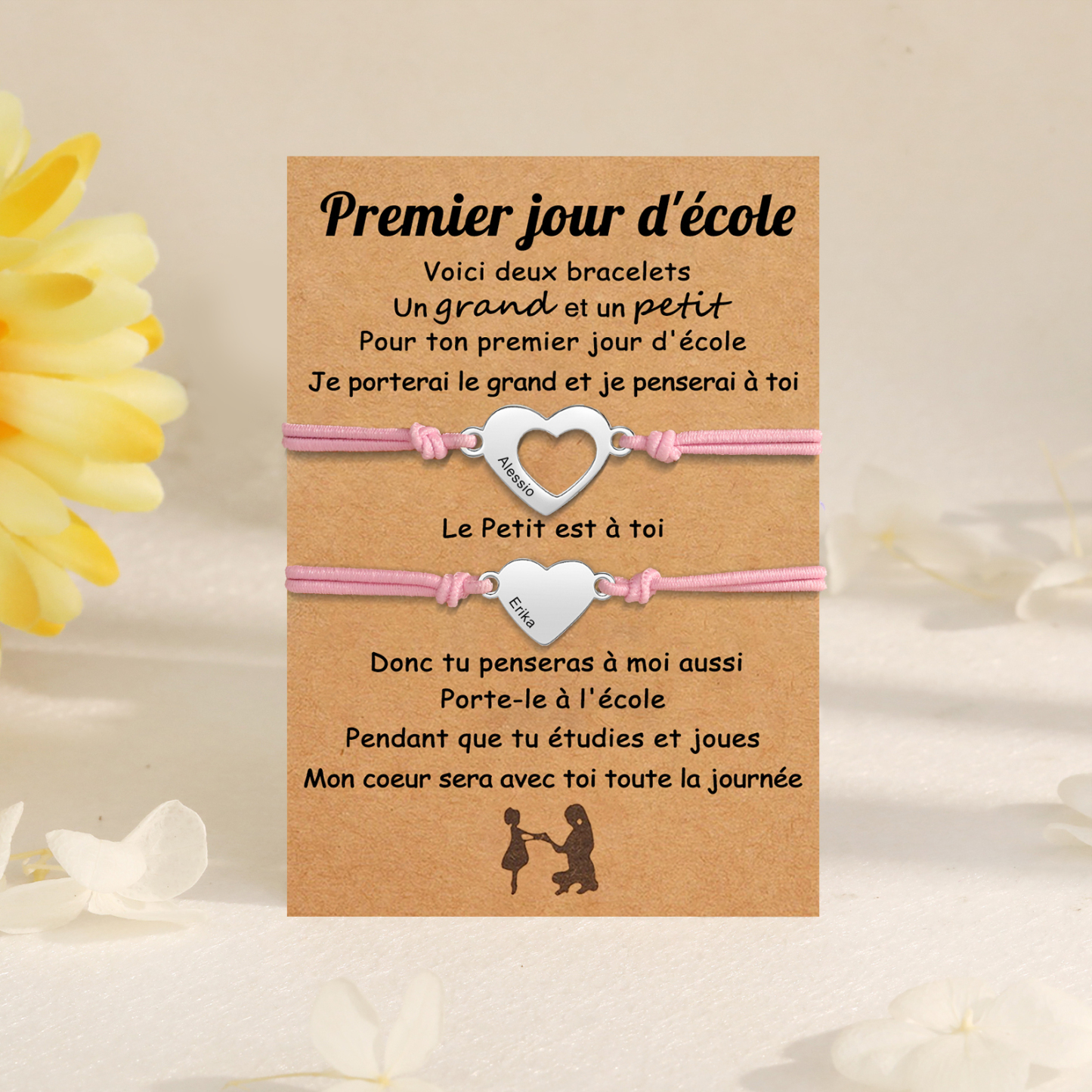 2PCS Bracelets Cœur 2 Prénoms Personnalisés Bracelet en Commun corde élastiques Cadeau Rentrée Scolaire Premier jour d’école|Jessemade
