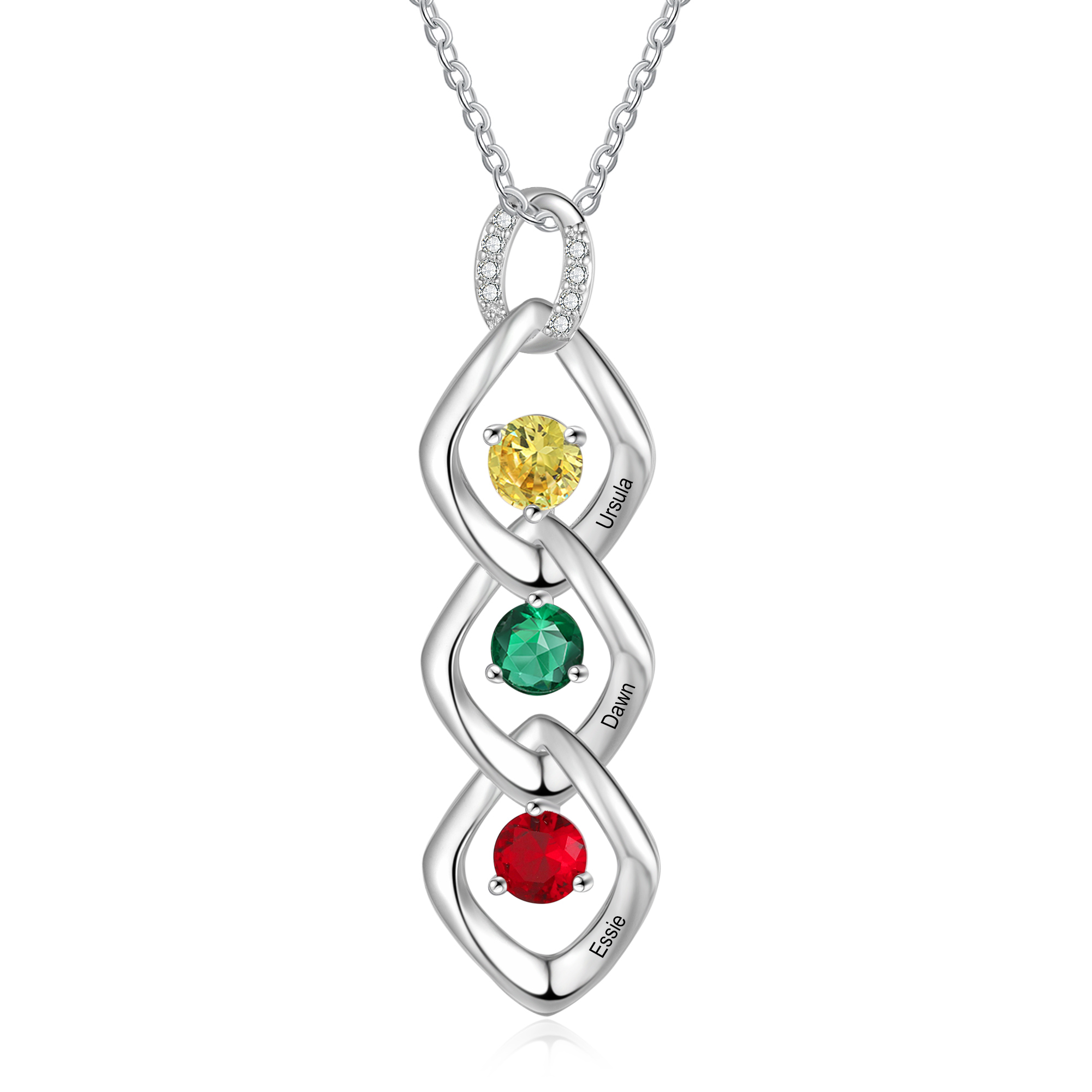 Collier Pendentif 3 Prénoms Personnalisés avec Pierre de naissance pour Femmes