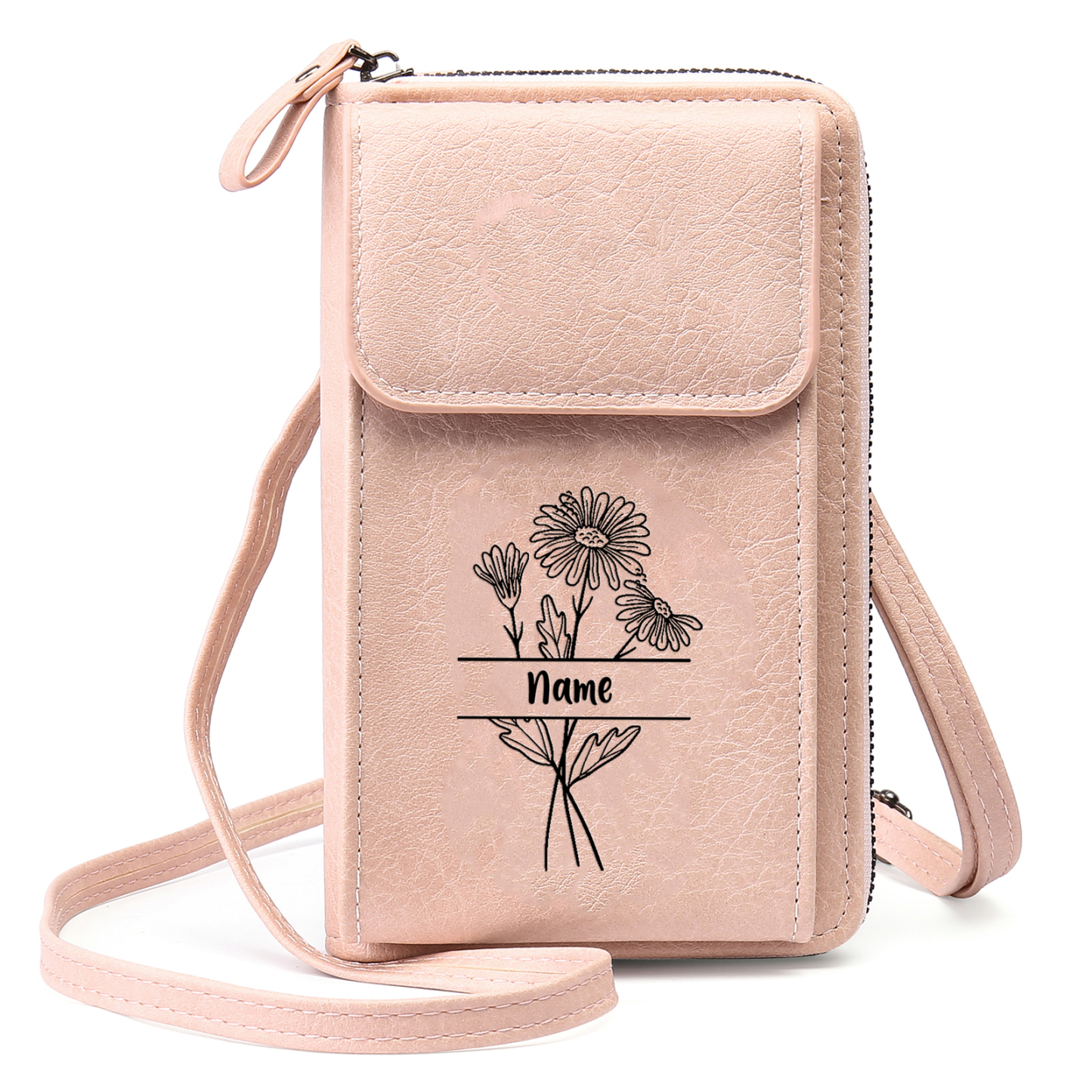 Portefeuille/Sac Bandoulière Femmes 1 Prénom et Fleur de Naissance Personnalisés