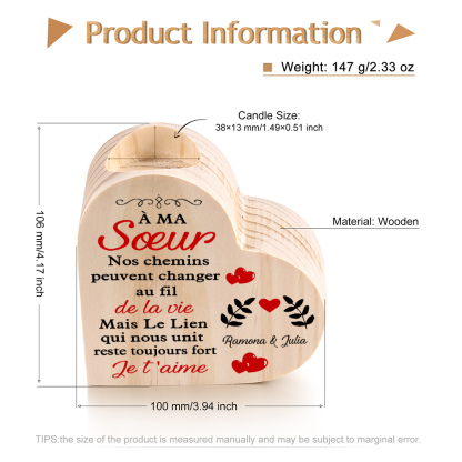 À Ma Sœur - Bougeoir en Bois 2 Prénoms Personnalisés sans bougie