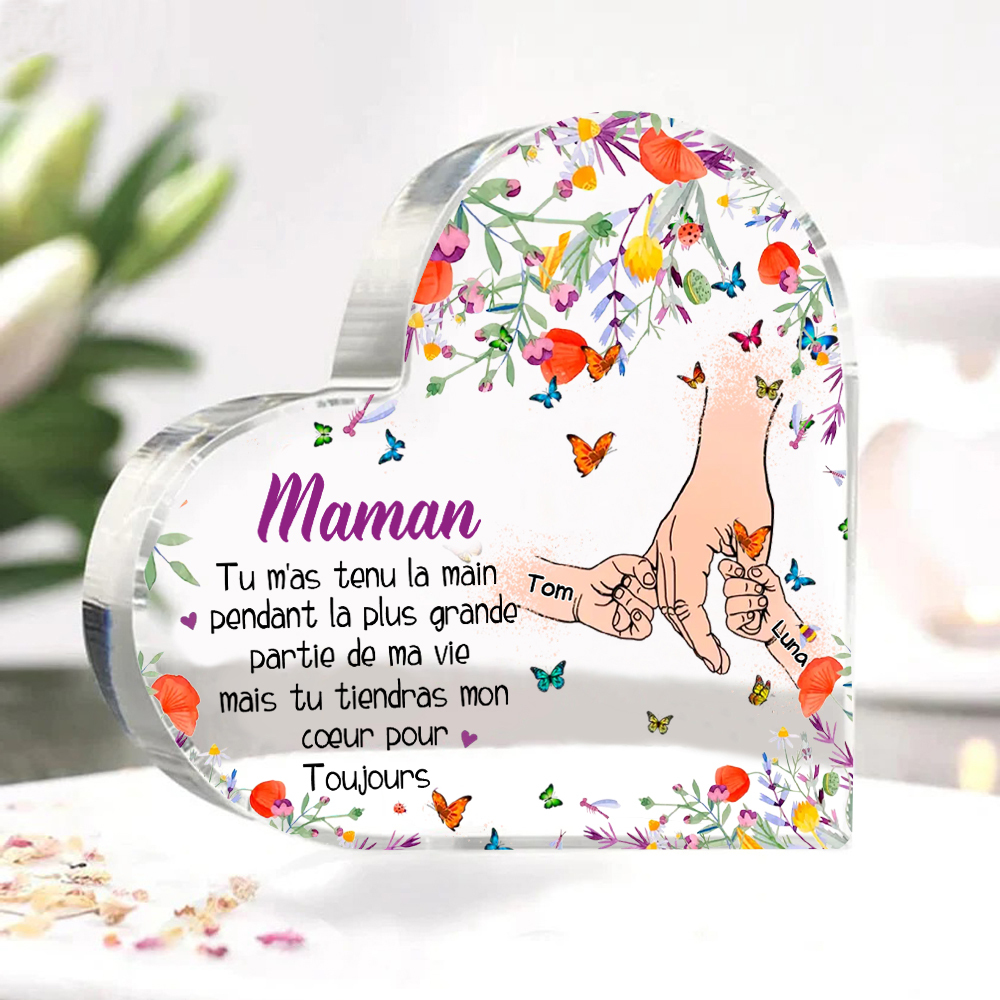 À ma Maman - Plaque Acrylique en Forme de Cœur 2 Prénoms Personnalisés la Mian dans la Main