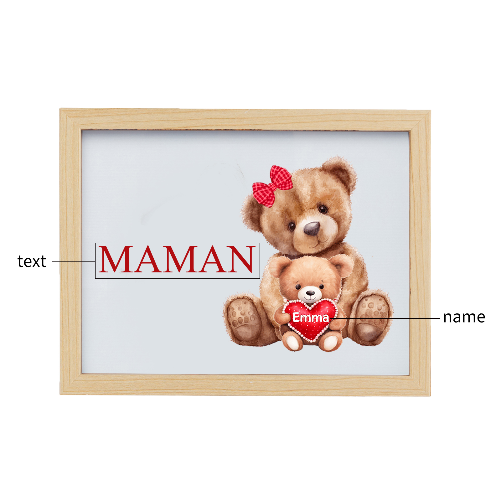 Cadre Photo LED Ours 1 Prénom Personnalisé avec 1 Texte Décoration Famille