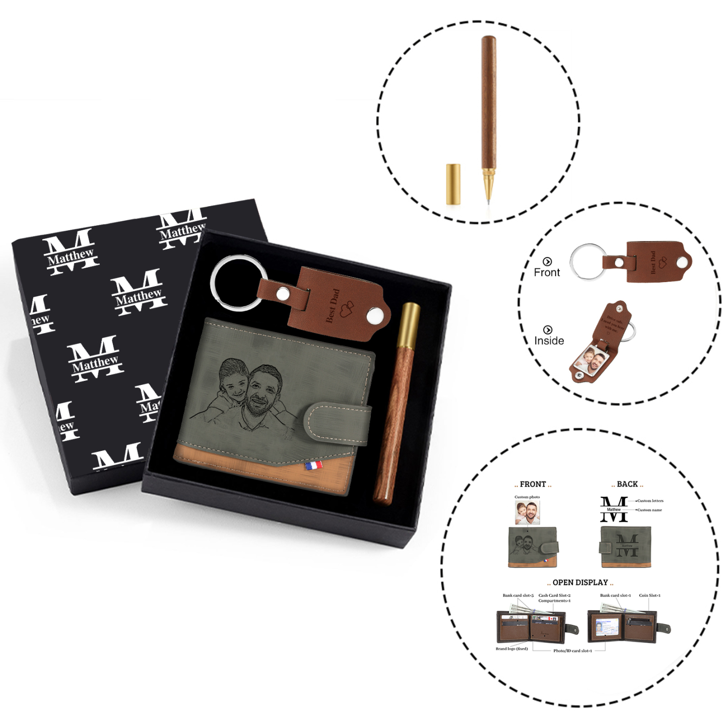 Coffret Cadeau 3PCS - Portefeuille classique Porte-Clés et Stylo 2 Prénoms et 2 Lettres Personnalisés avec 2 Photos et Textes Coffret Cadeau pour Homme