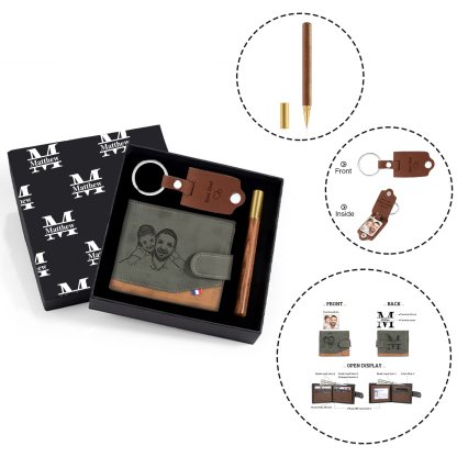 Coffret Cadeau 3PCS - Portefeuille classique Porte-Clés et Stylo 2 Prénoms et 2 Lettres Personnalisés avec 2 Photos et Textes Coffret Cadeau pour Homme