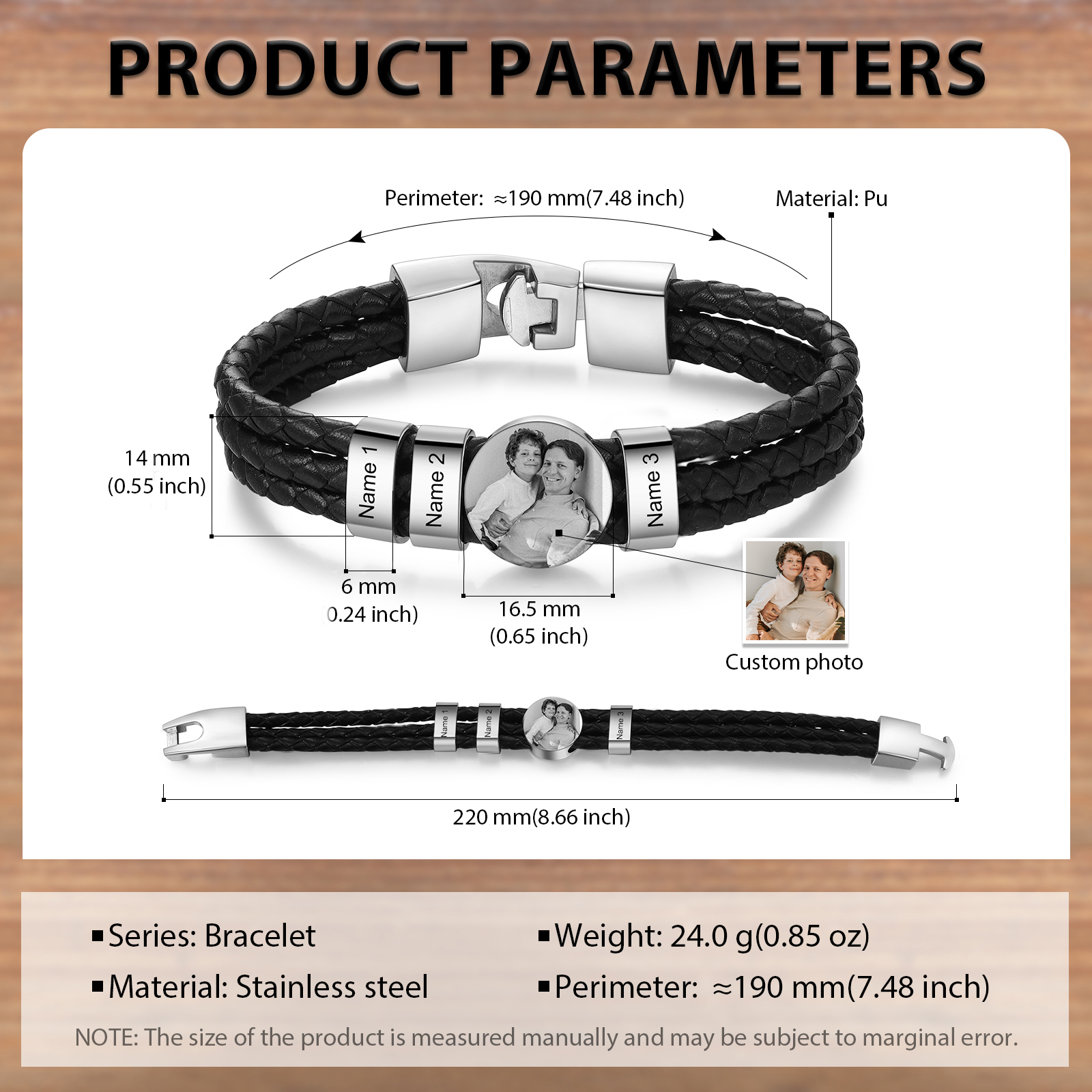 Bracelet en Cuir 3 Prénoms Personnalisés avec Photo pour Hommes