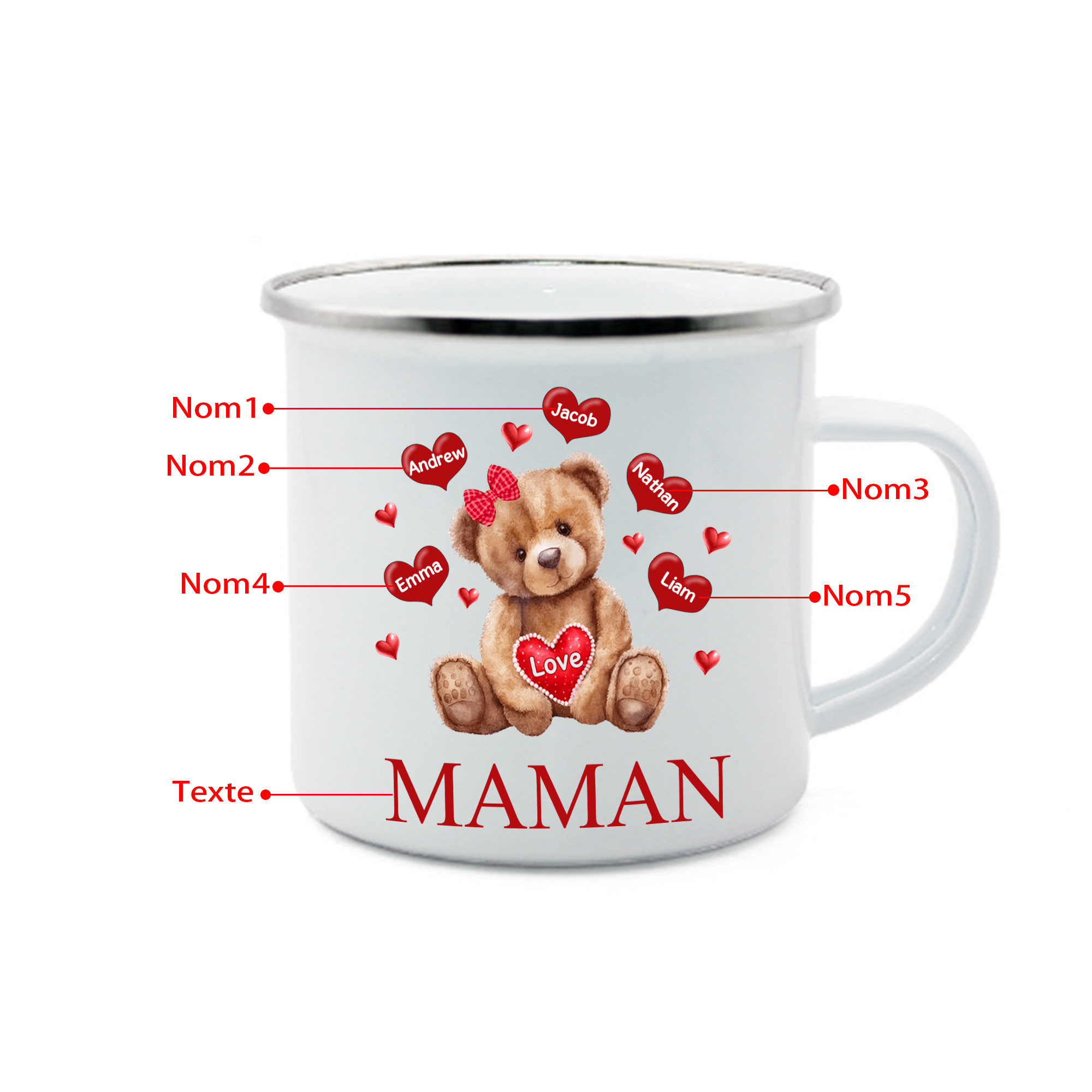 À Maman/Mamie - Tasse émaillée Ours 5 Prénoms Personnalisés